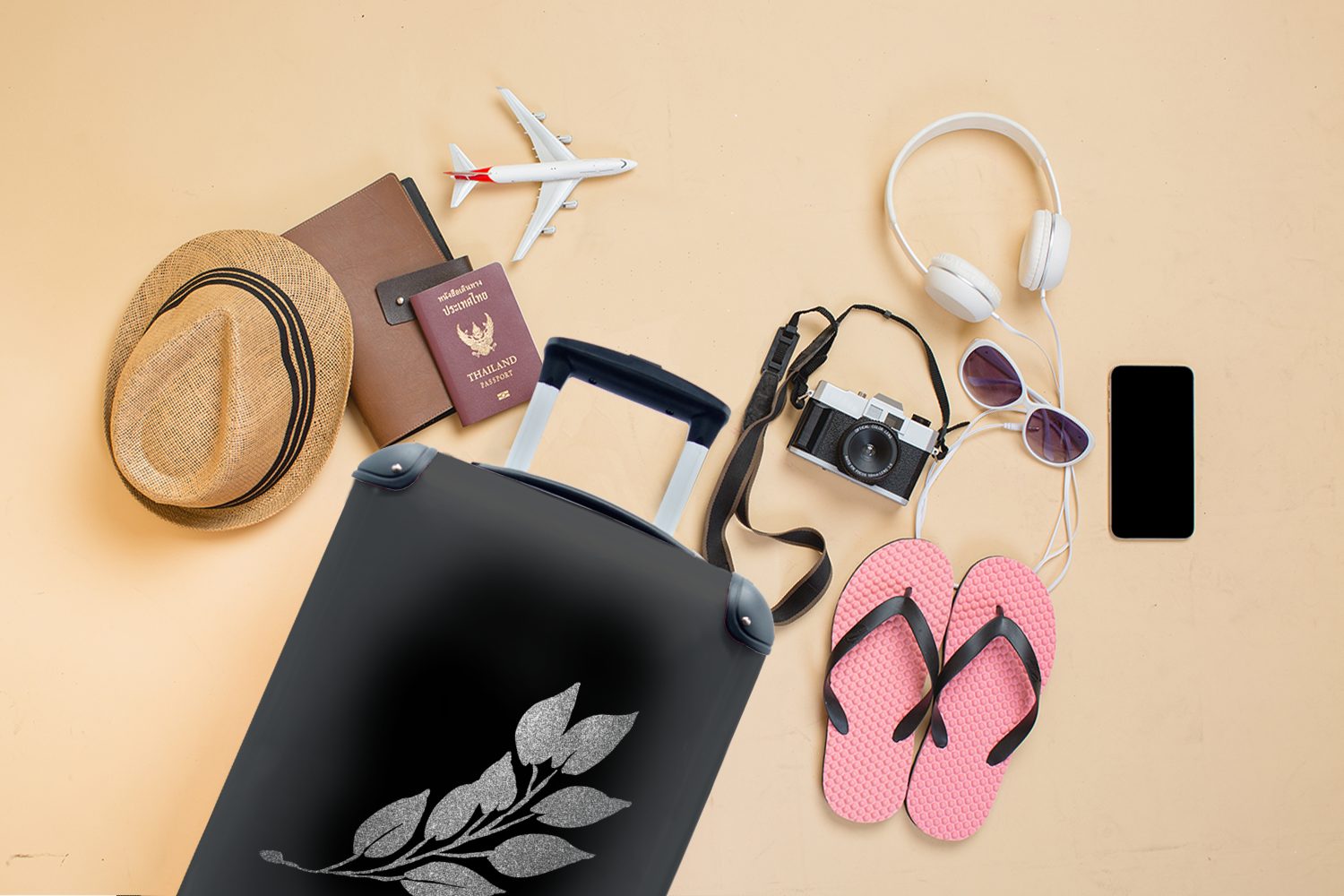 - auf Reisetasche Reisekoffer und, Blättern mit schwarz mit 4 Zweig Handgepäckkoffer Handgepäck schwarzem MuchoWow für Rollen, Trolley, länglichen Hintergrund Ferien, rollen,