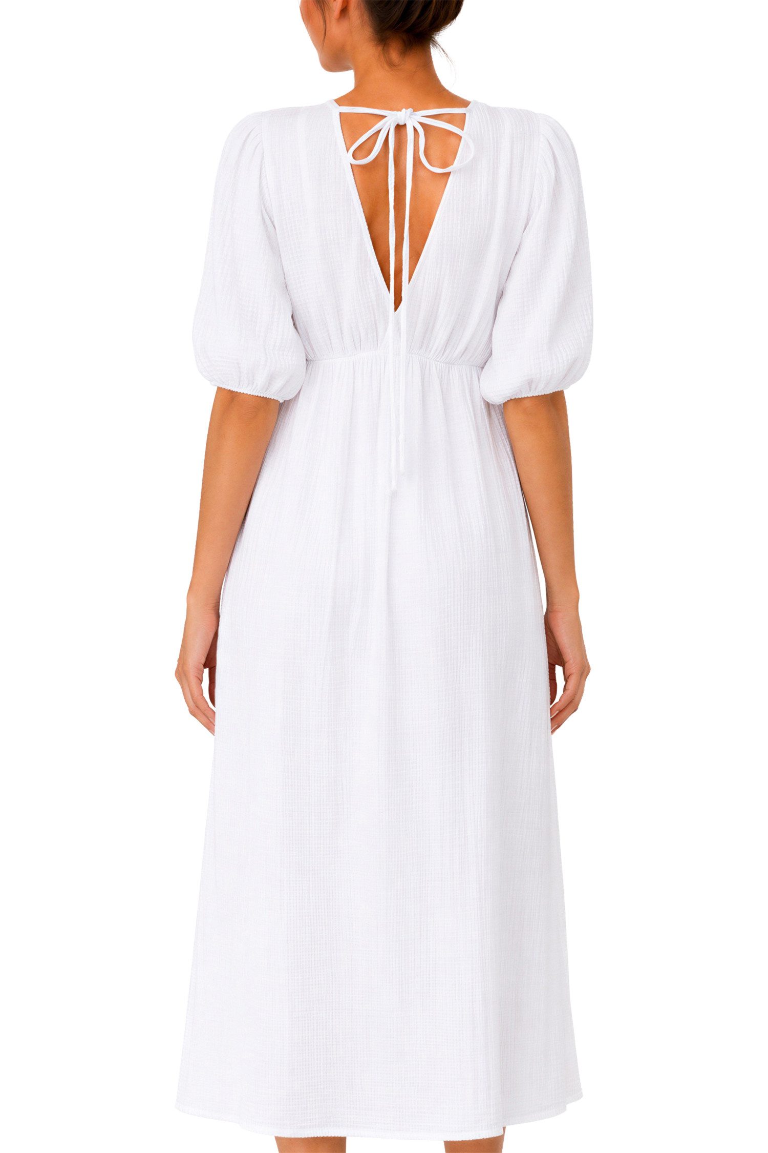 Reichstadt Sommerkleid Damen Relaxed Fit Dress Musselin 25RSW077 Feminine Puffärmel und Rückenschleife