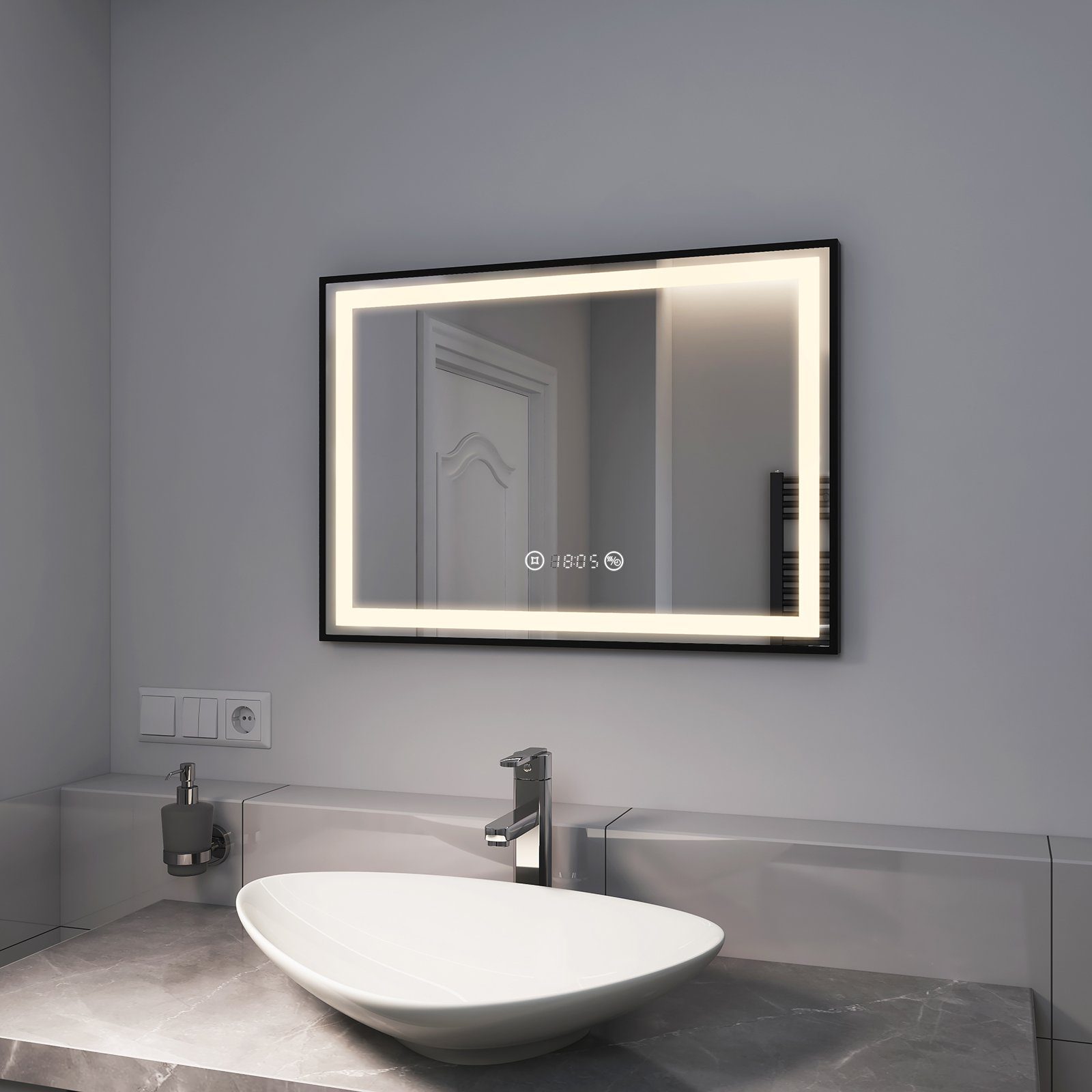EMKE Badspiegel EMKE Badspiegel mit Beleuchtung LED Badspiegel Schwarz, mit Dimmbar, Beschlagfrei, Uhr, Speicherfunktion