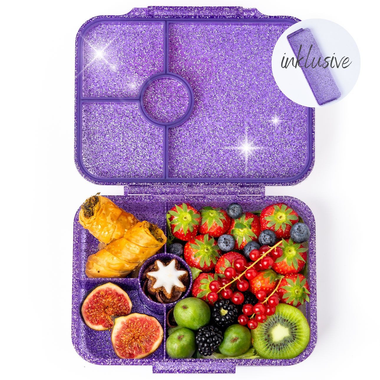 LEKKABOX Lunchbox Glitzer Brotdose, 4 Fächer - Kinder Bento Box Vesperdose Brotbox, Für feuchte Lebensmittel auslaufsichere Bento Box, inkl. extra Trenner
