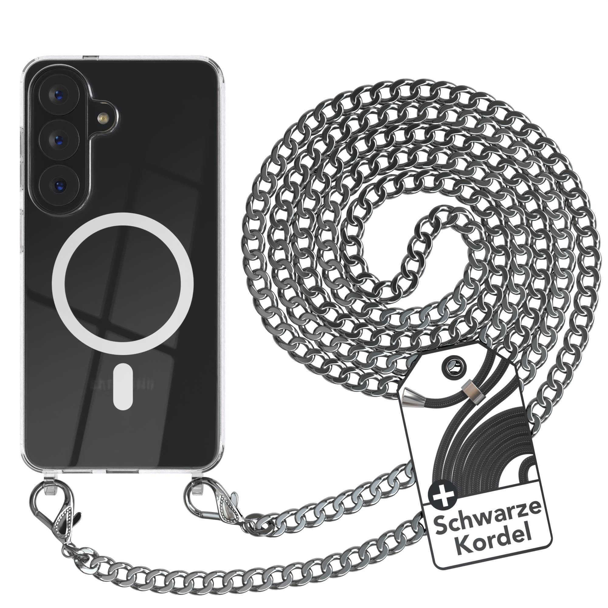 EAZY CASE Handykette Metall mit MagSafe Hülle für Samsung Galaxy S26 6,3 Zoll, Hülle mit Band Silikon Handytasche durchsichtig Chain Slimcover Silber
