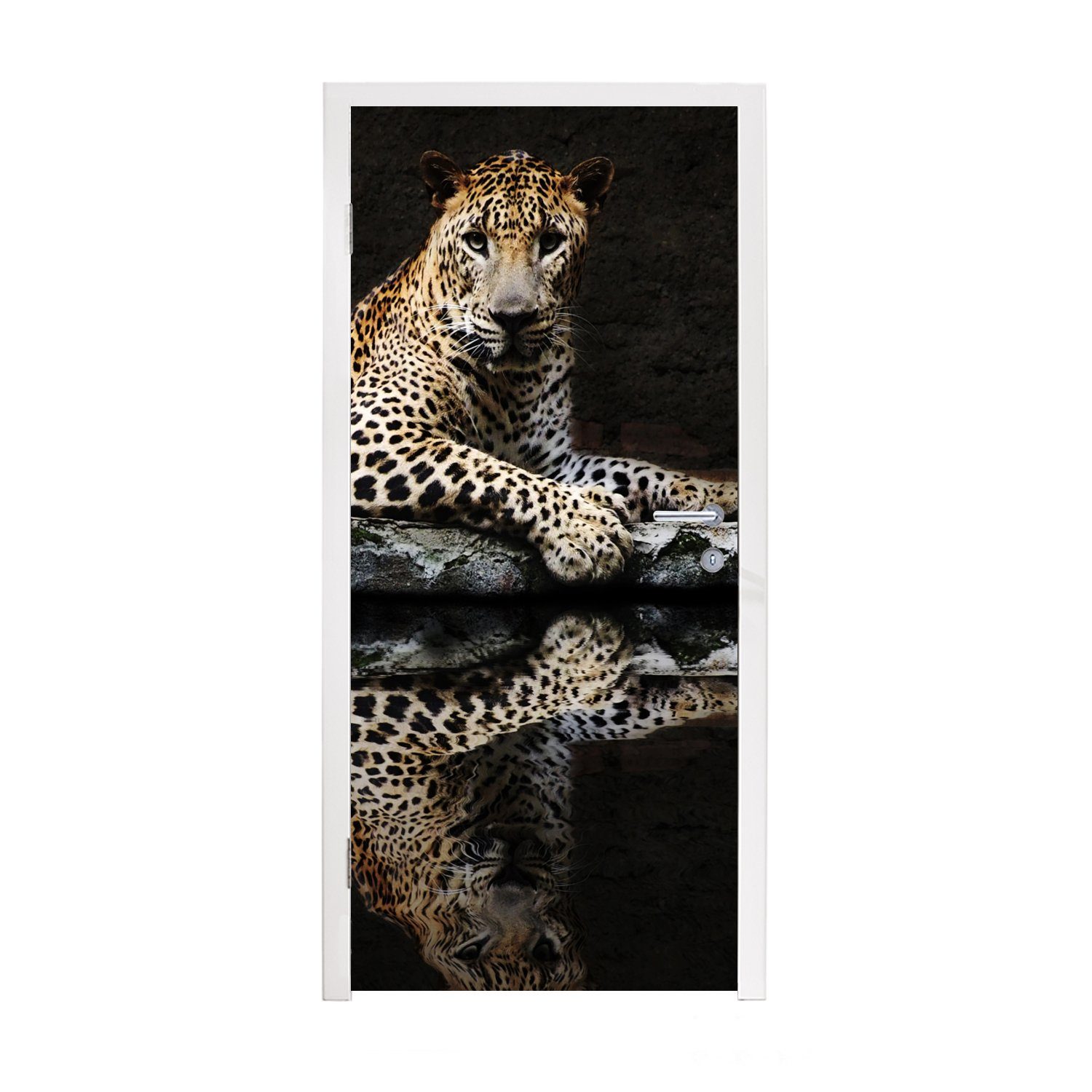 MuchoWow Türtapete Leopard - Wasser - Wald, Matt, bedruckt, (1 St), Selbstklebende Tapete, Folie für Möbel, 75x205 cm