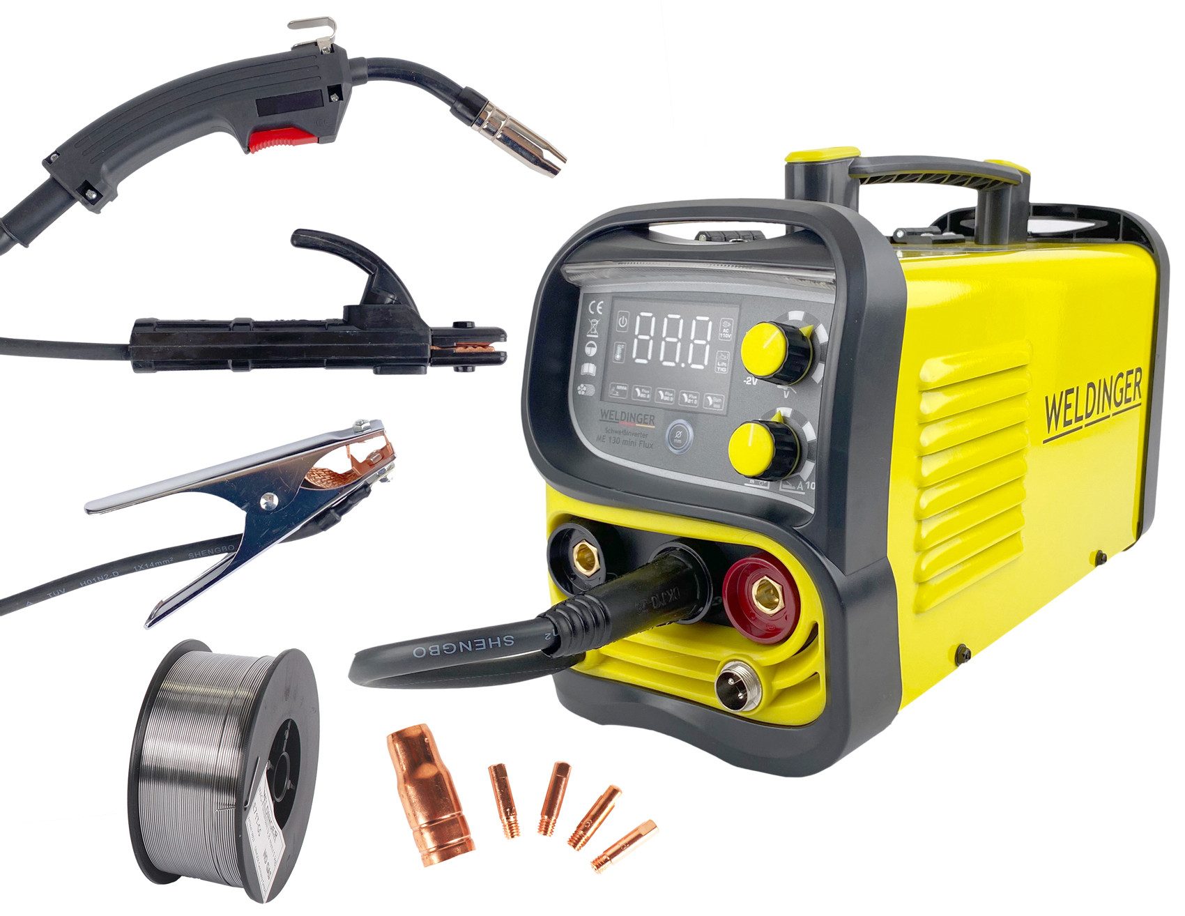 WELDINGER Fülldrahtschweißgerät ME 130 mini Flux IGBT Schweißgerät, 20,00 - 130,00 A, Einsteigerset, 10- tlg., 4 in 1 Kombigerät, geeignet für Edelstahl Fülldraht