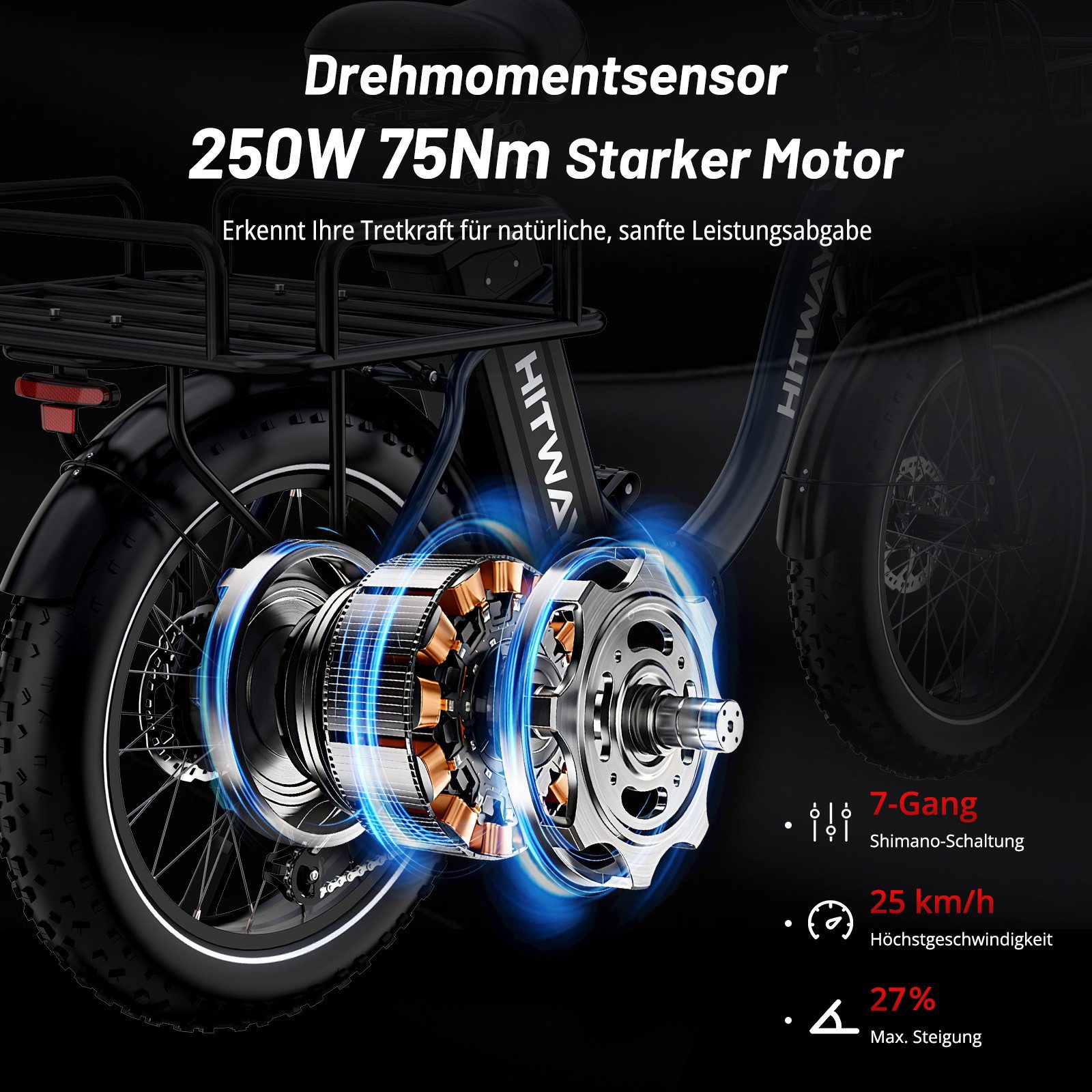 HITWAY E-Bike Cityrad Pedelec 20x4.0 48V 27Ah Drehmomentsensor, 7 Gang shimano, Kettenschaltung, Heckmotor, 1296 Wh, Bis zu 160 km, Hydr. Scheibenbremsen, Locko – Bild 4 von 5
