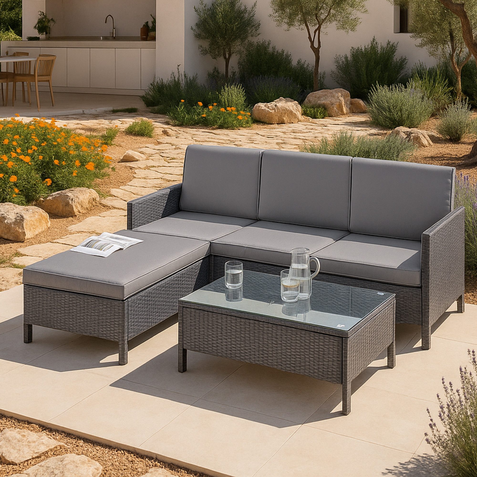 en.casa Gartenlounge-Set, (3-tlg), »Murcia« Sitzgruppe Gartenlounge Rattan günstig online kaufen