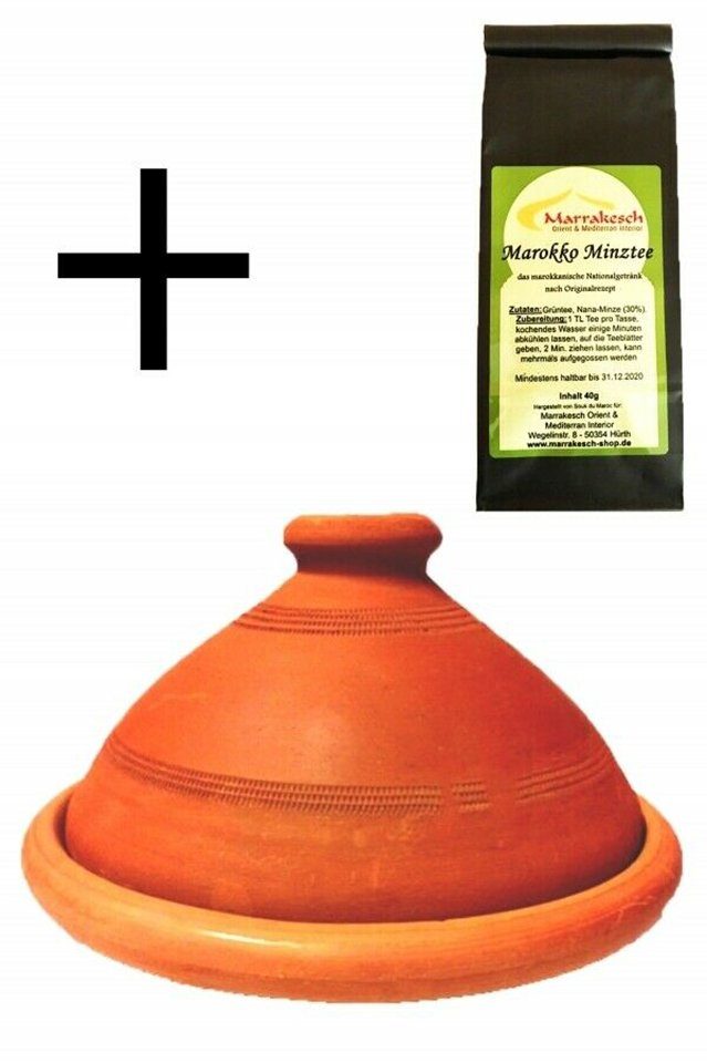 Marrakesch Orient & Mediterran Interior Dampfgartopf 2er Set, ORIGINAL Tajine Tagine Ø 26 cm + Marokkanischer Minztee 40g, Lehm (2-tlg), Handarbeit