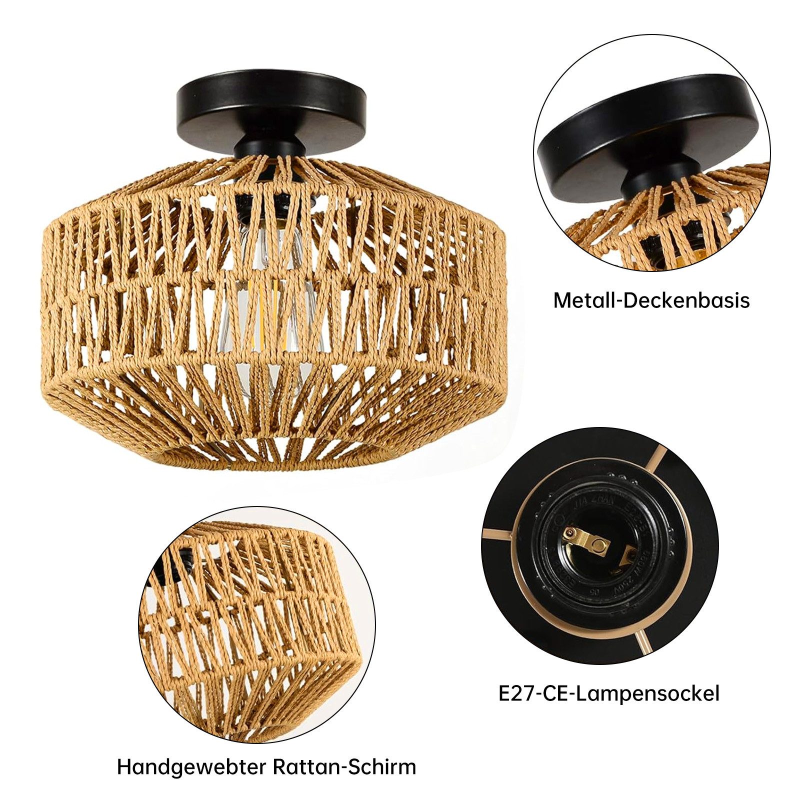 JDONG Deckenleuchte Boho Vintage mit Rattan Lampenschirm Ø30cm E27 Vintage Kronleuchter, ohne Leuchtmittel, Deckenleuchte,schlafzimmerlampe, mit Metallsockel, Rustikal Beleuchtung Dekoration für Wohnzimmer,Küche,Flur