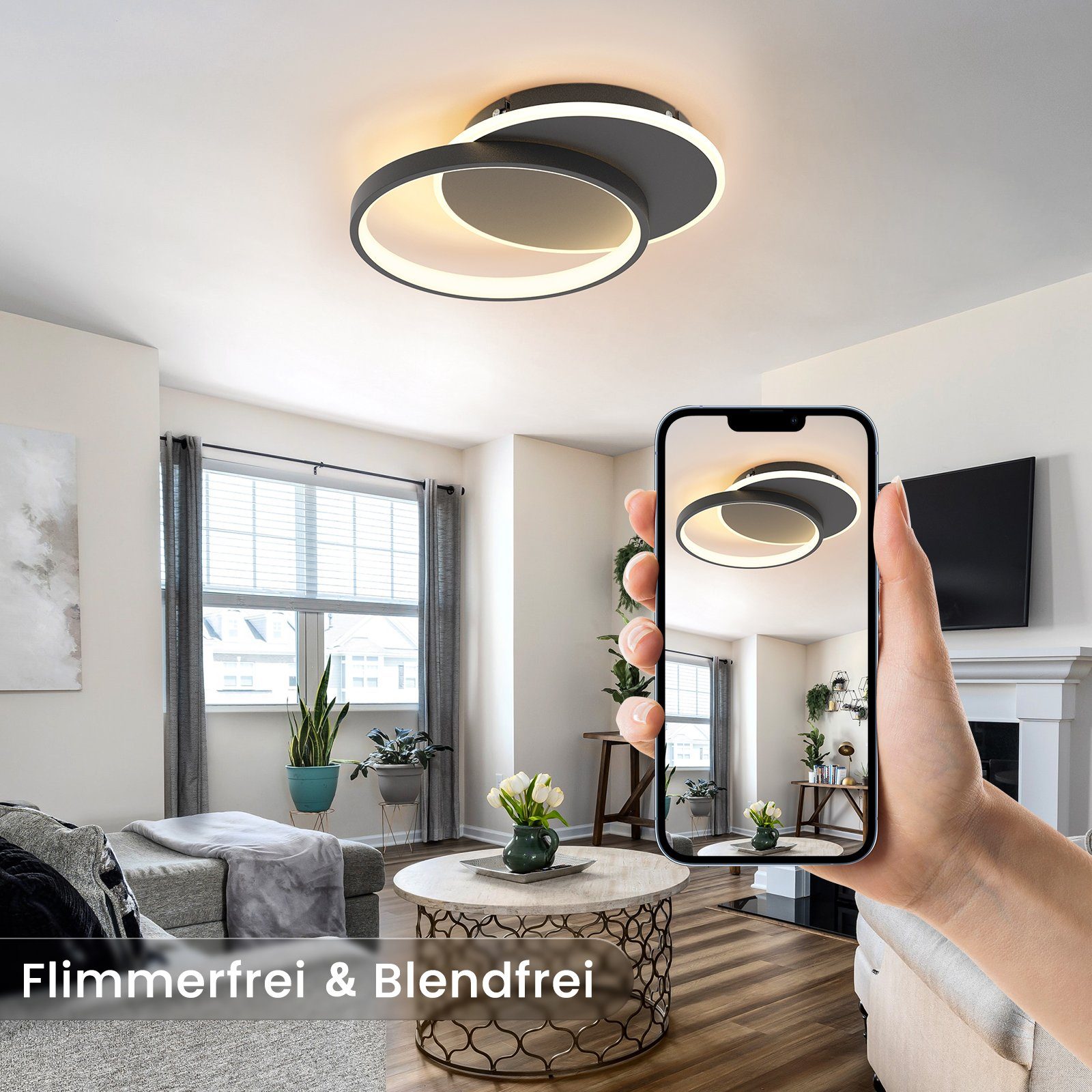 ZMH LED Deckenleuchte Dimmbar Deckenlampe Wohnzimmer mit 2 Rund Ring, LED  fest integriert, Tageslichtweiß, 35W, 2800lm | Tischlampen