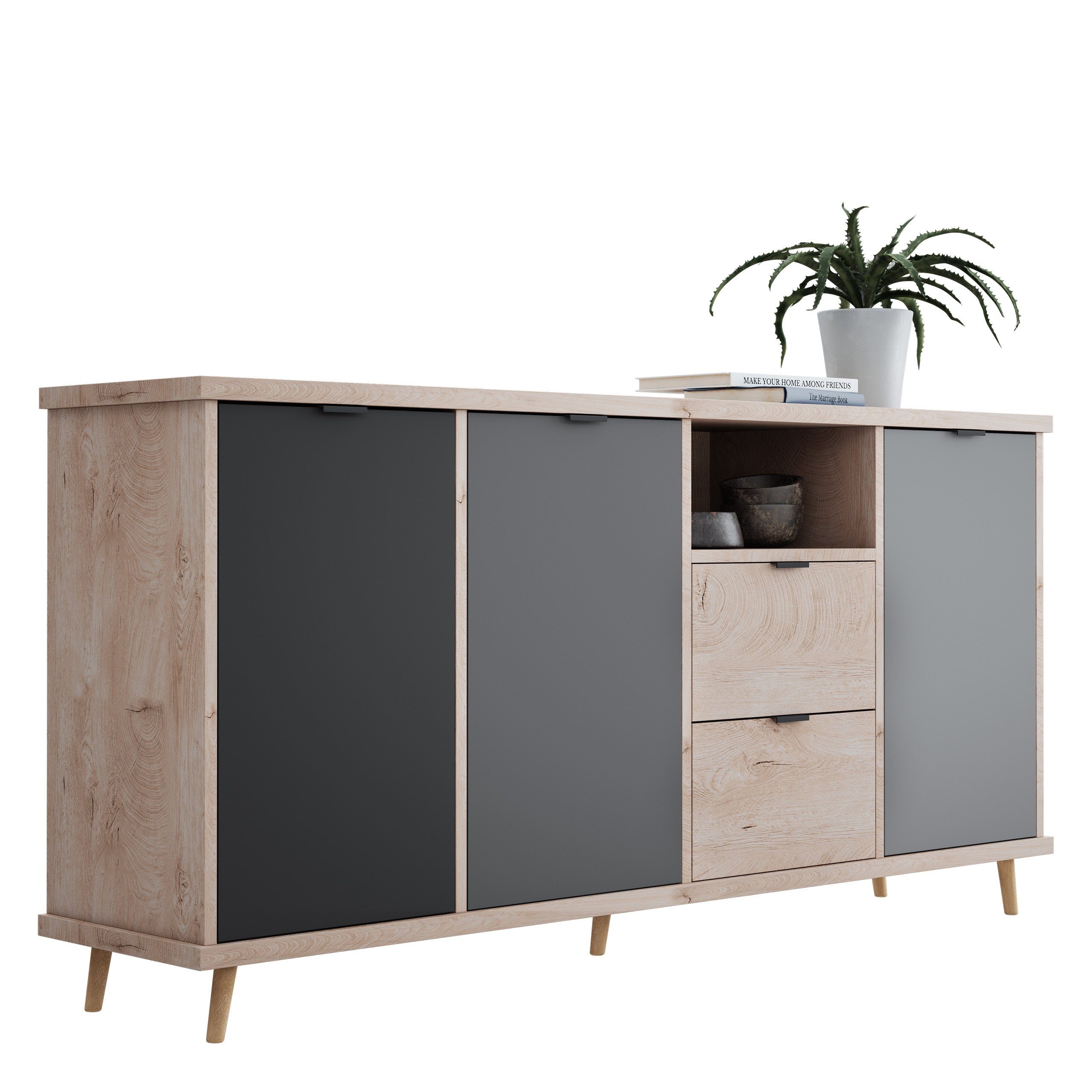 Newroom Sideboard Conni, Sideboard Eiche Hirnholz Grau Modern Vintage Industrial Highboard