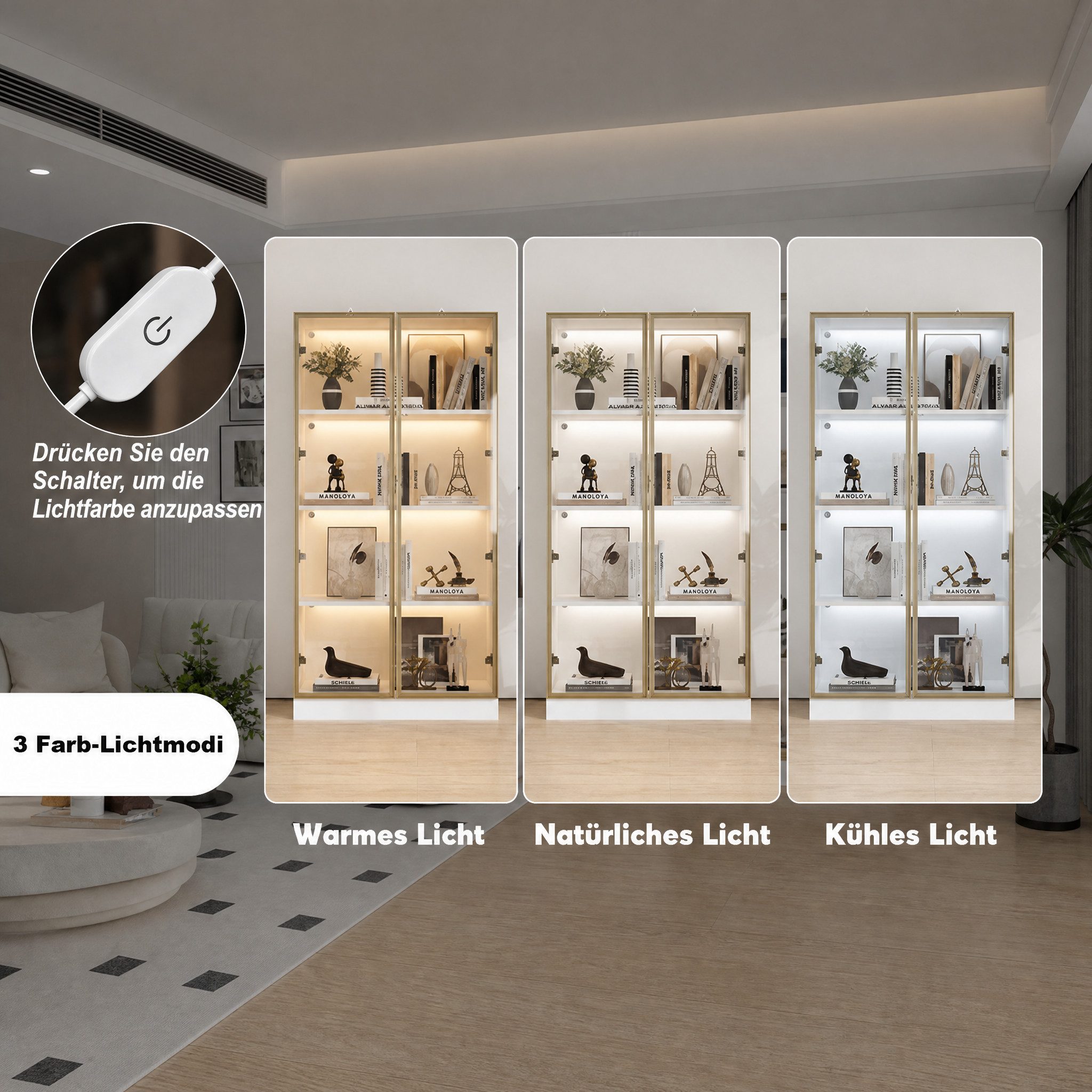 FUFU&GAGA Glasvitrine Vitrine mit Glastüren und LED-Beleuchtung, MDF+Glas, 80×40×160 cm – Bild 5 von 5