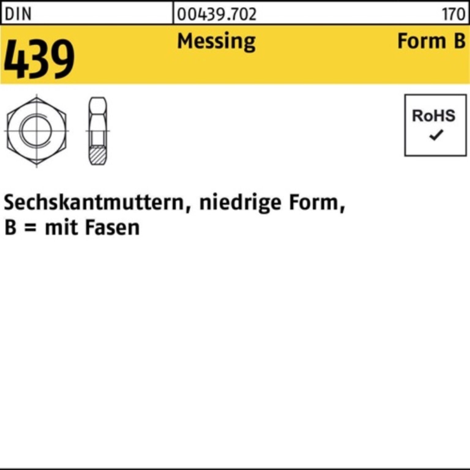 Reyher Muttern 100er Pack Sechskantmutter DIN 439/ISO 4035 FormB BM 6 Messing 100 St