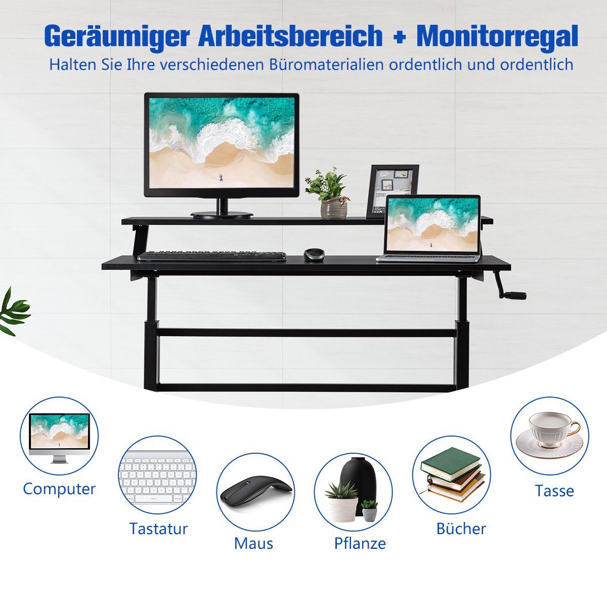 Handkurbel Regal Schreibtisch, COSTWAY Schwarz & Monitor höhenverstellbar 88-126cm,