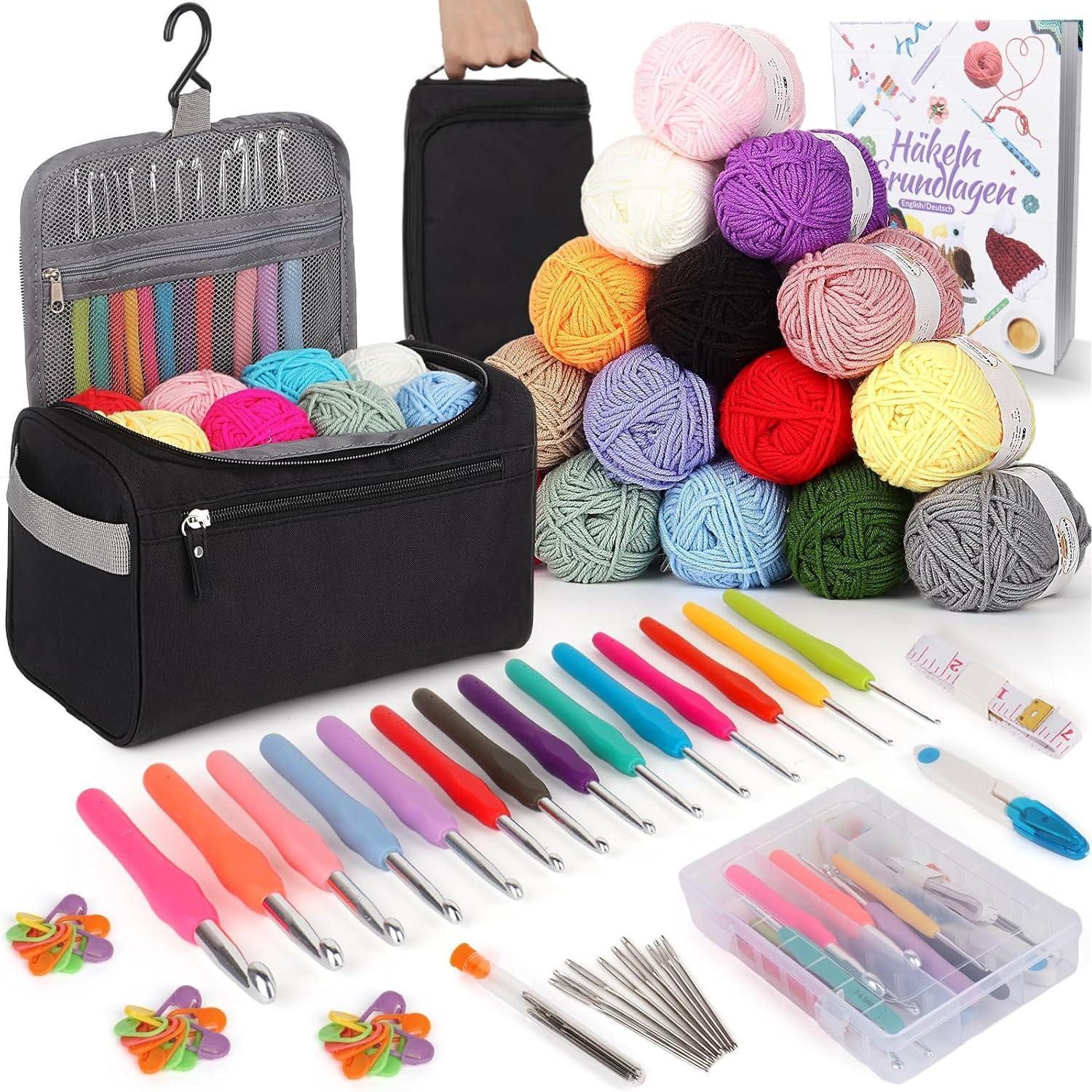 LuxusKollektion Häkelnadeln Häkelset 73tlg Häkelnadeln ergonomisch Tasche Wolle Schwarz