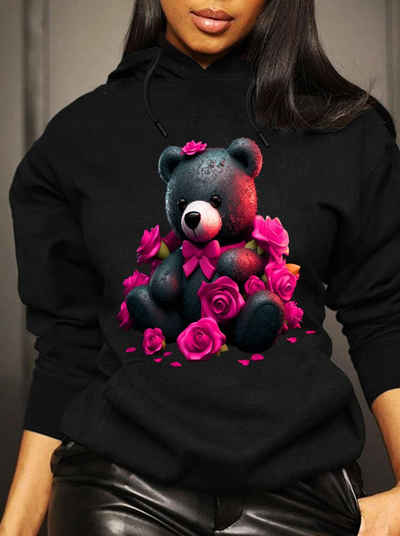 RMK Kapuzenpullover Damen Hoodie Pullover Basic Pulli mit Teddybär Herzen Rosen mit Kaputze, mit lizenziertem Print