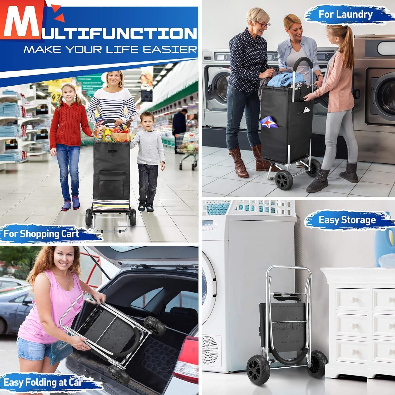 POPOLIC Einkaufstrolley Klappbarer bis 50kg Einkaufswagen, Wasserdichter, 75 l, Handwagen für Einkaufen oder Transportieren von Waren