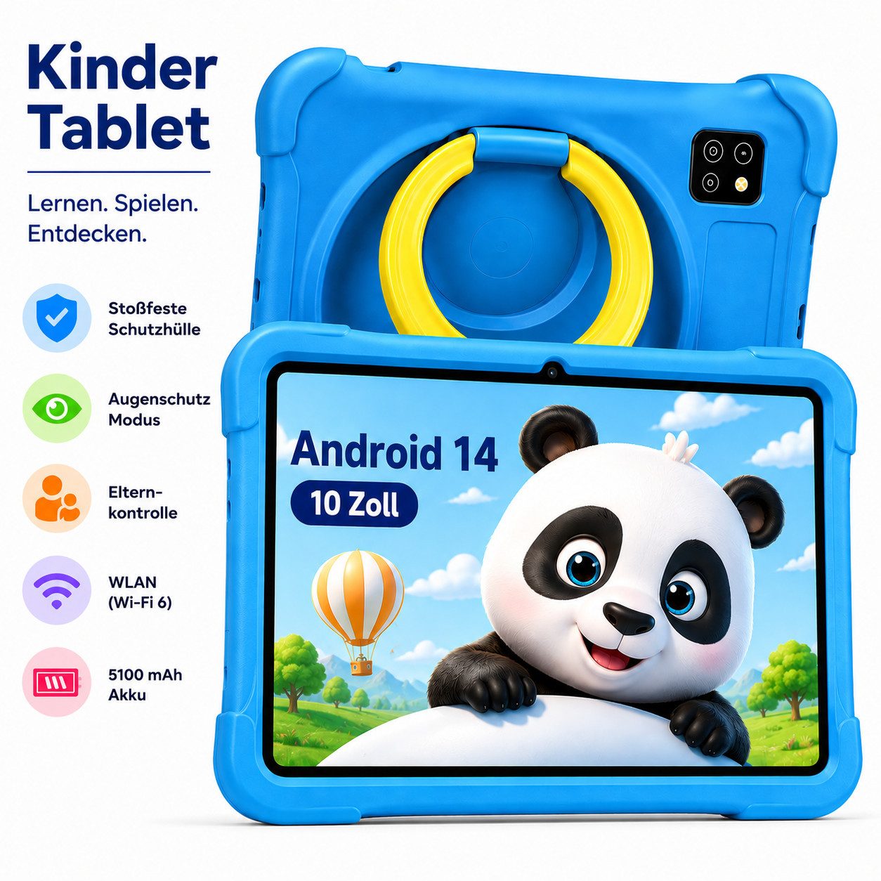blackview Kinder Tablet 10 Zoll mit Schutzhülle, Android, WLAN, Elternkontrolle Tablet (10.1", 128 GB, Android 14, WLAN (Wi-Fi), Android 14, HD+ Display, 128GB, 5100 mAh,5G WiFi/WIFI 6/Gemini AI)