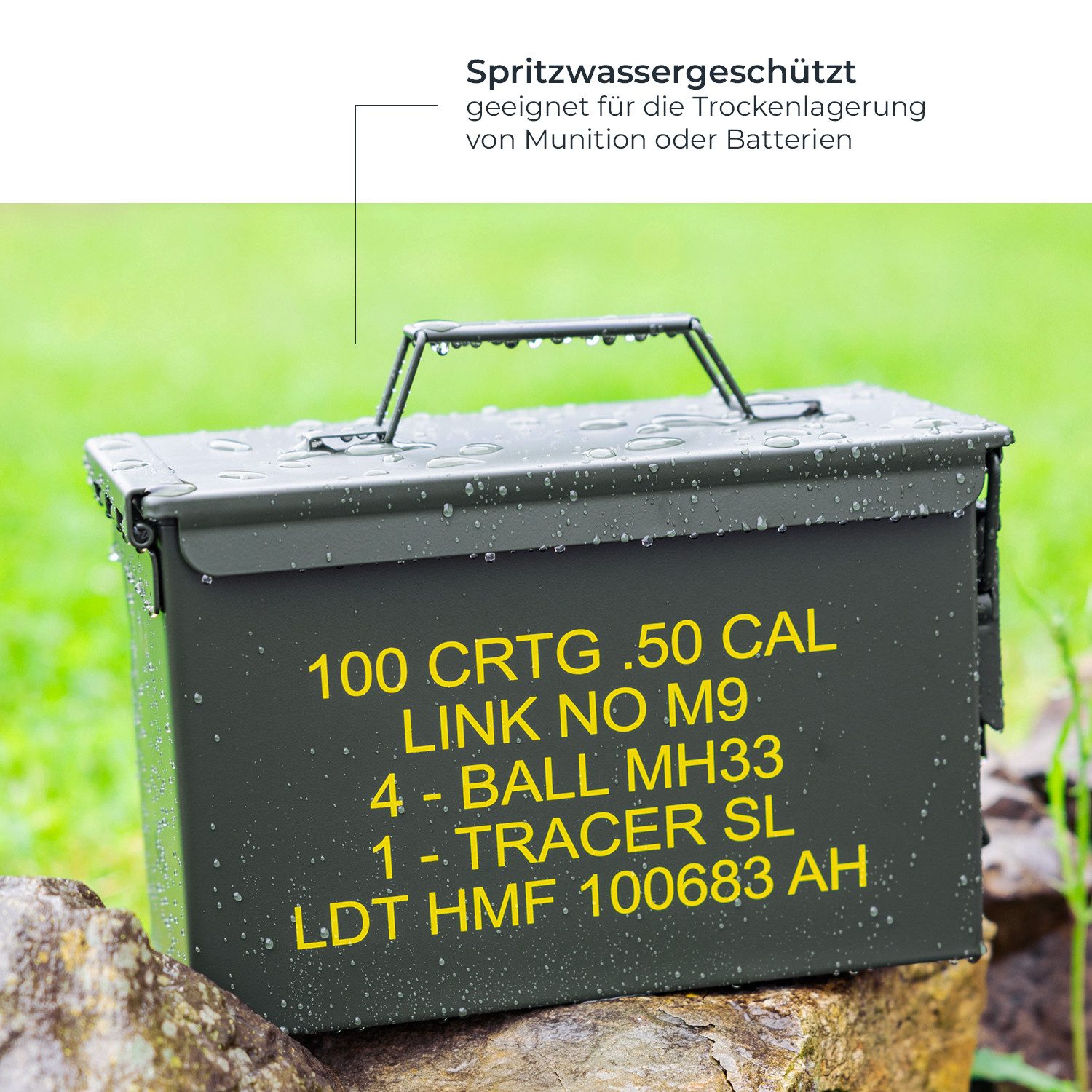 HMF Aufbewahrungsbox Metallbox im US-Army-Look mit gelber Aufschrift, Transportbox mit, mit Schwerlastverriegelung und Schwerlastgriff, 30 x 19 x 15,5 cm Grün