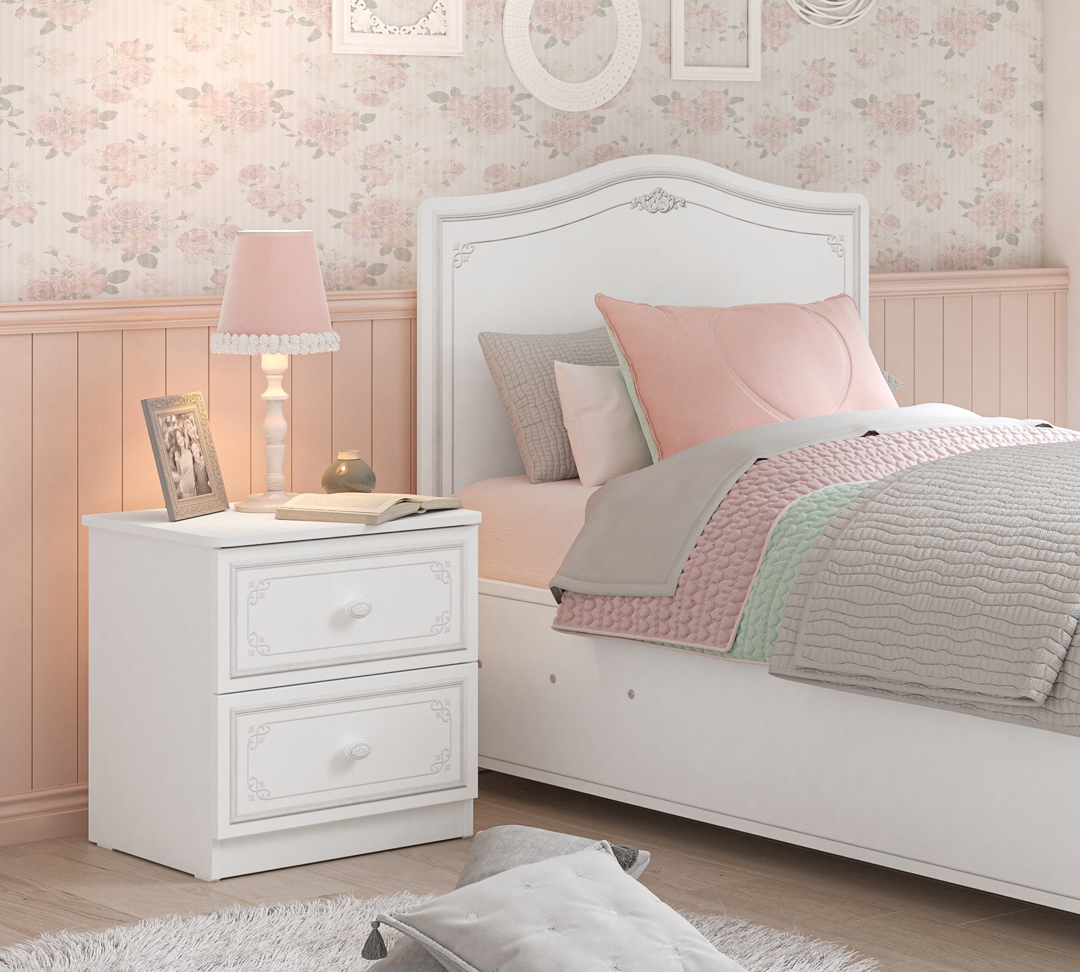 Möbel-Zeit Jugendzimmer-Set Selena Grey Kinderzimmer-Set, 5-tlg. – Weiß mit grauen Ornamenten