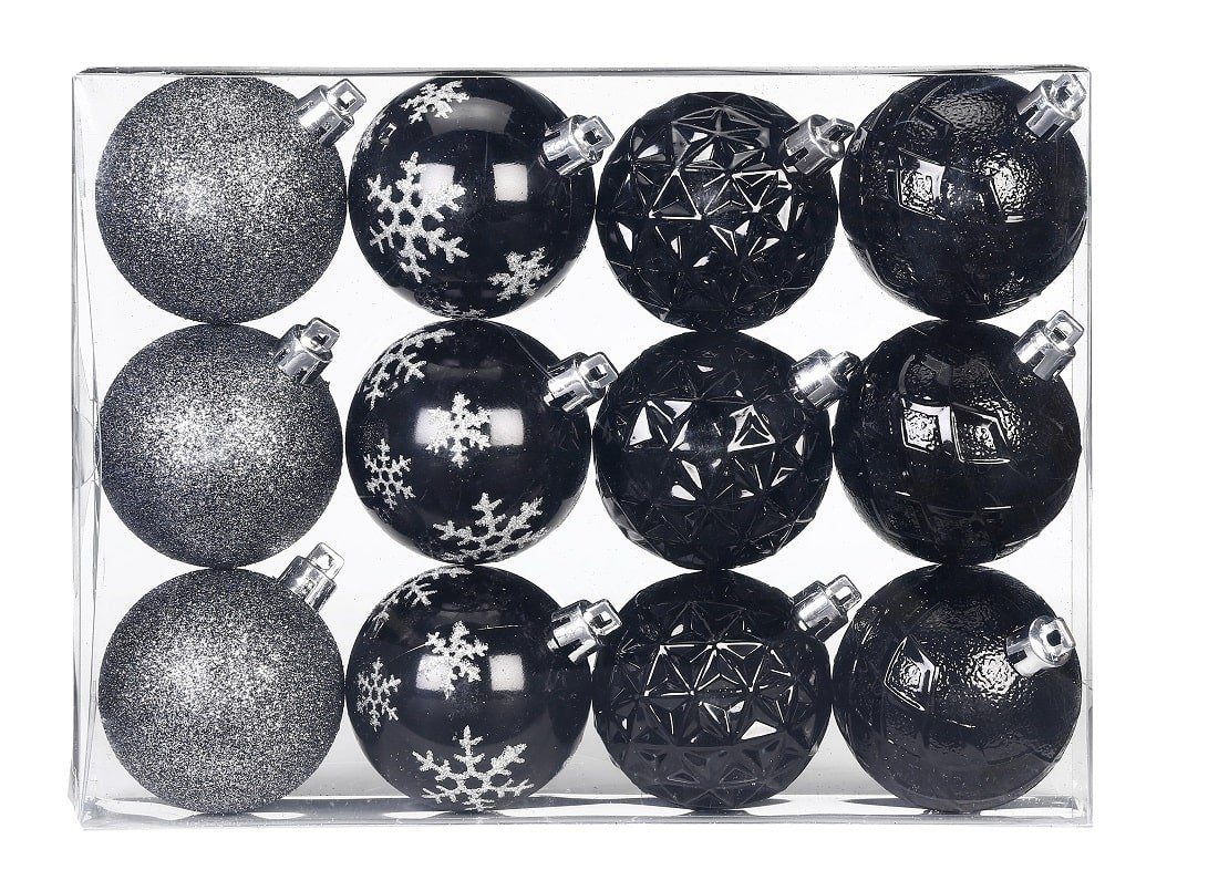 INGE-GLAS® Christbaumschmuck Inge's Weihnachtskugeln 12 Stück 6 cm Schwarz, Kunststoff, bruchfest, Baumdekoration, Baumschmuck, Weihnachtsdekoration