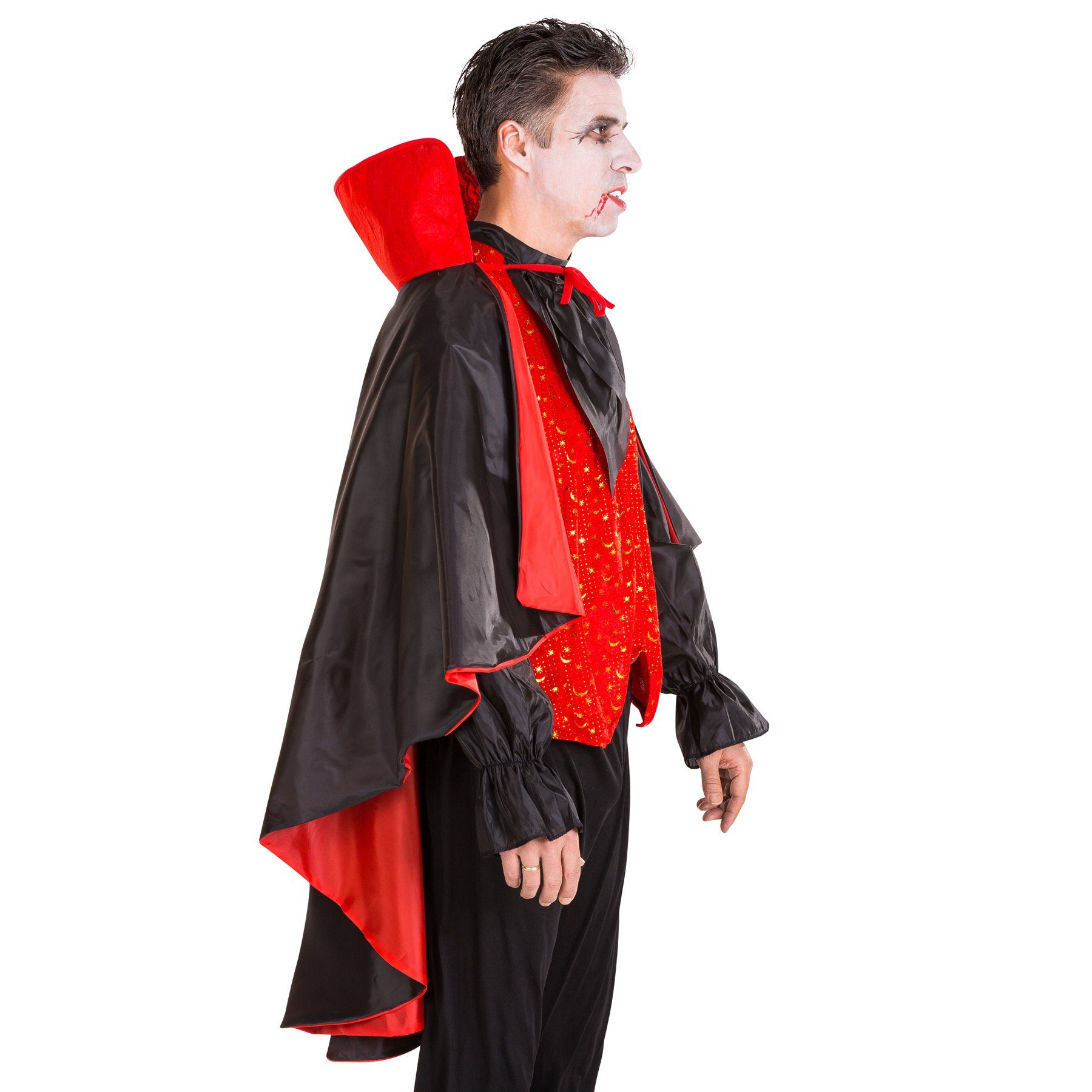dressforfun Vampir-Kostüm Dracula, auch Blutsauger, in schwarz, Gr. S, Blouson, Muster vorn, Großer Umhang bindbar, Mit besonderem Stehkragen, Schwarze Leggins