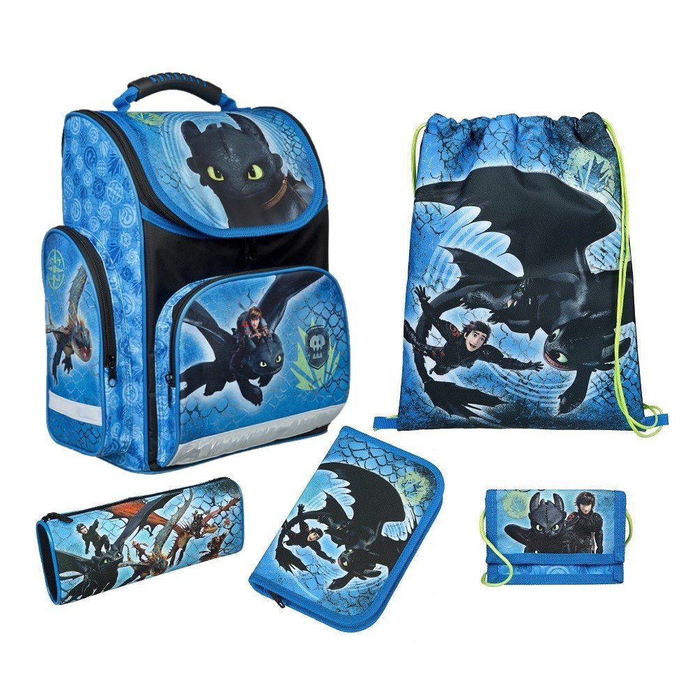Familando Schulranzen Dragons Schultasche 1. bis 4. Klasse Drachen Blau (Set, 5-tlg., inkl. Federmäppchen, Turnbeutel und Geldbeutel), ergonomischer Tornister für Jungen und Mädchen