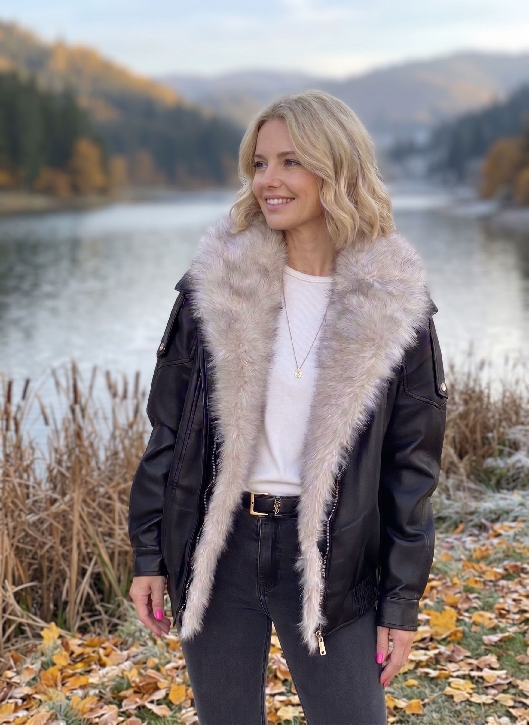 Copperose Bikerjacke Bikerjacke mit Kunstfellkragen 2192 Aviator-Jacke Kunstlederjacke mit weichem Kunst Pelzkragen – Bild 4 von 4