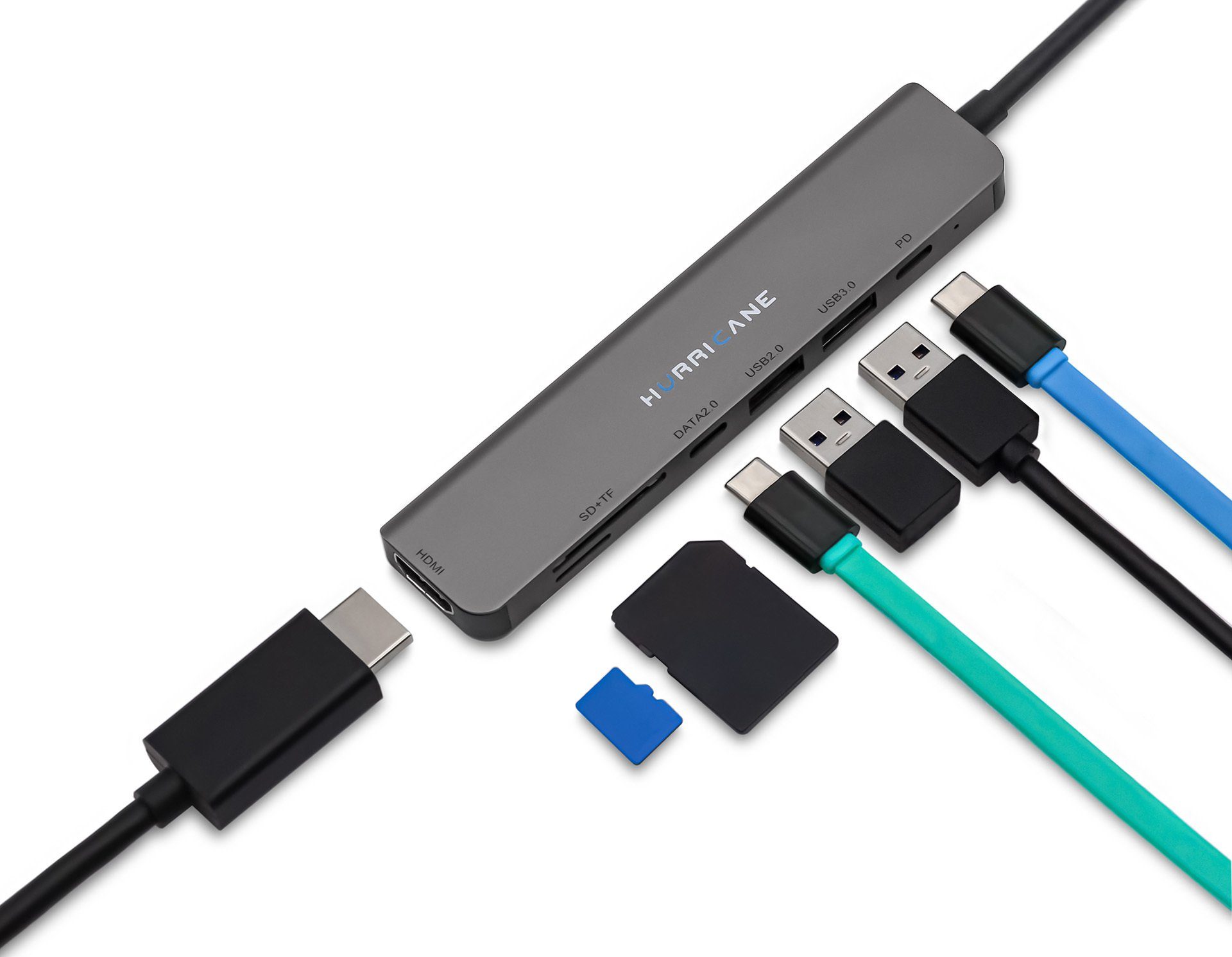 HURRICANE Laptop-Dockingstation Laptop-Dockingstation 7in1 USB-C HUB 4K HDMI 60W PD Port Kartenleser, für MacBook, Laptop, PC, Festplatte