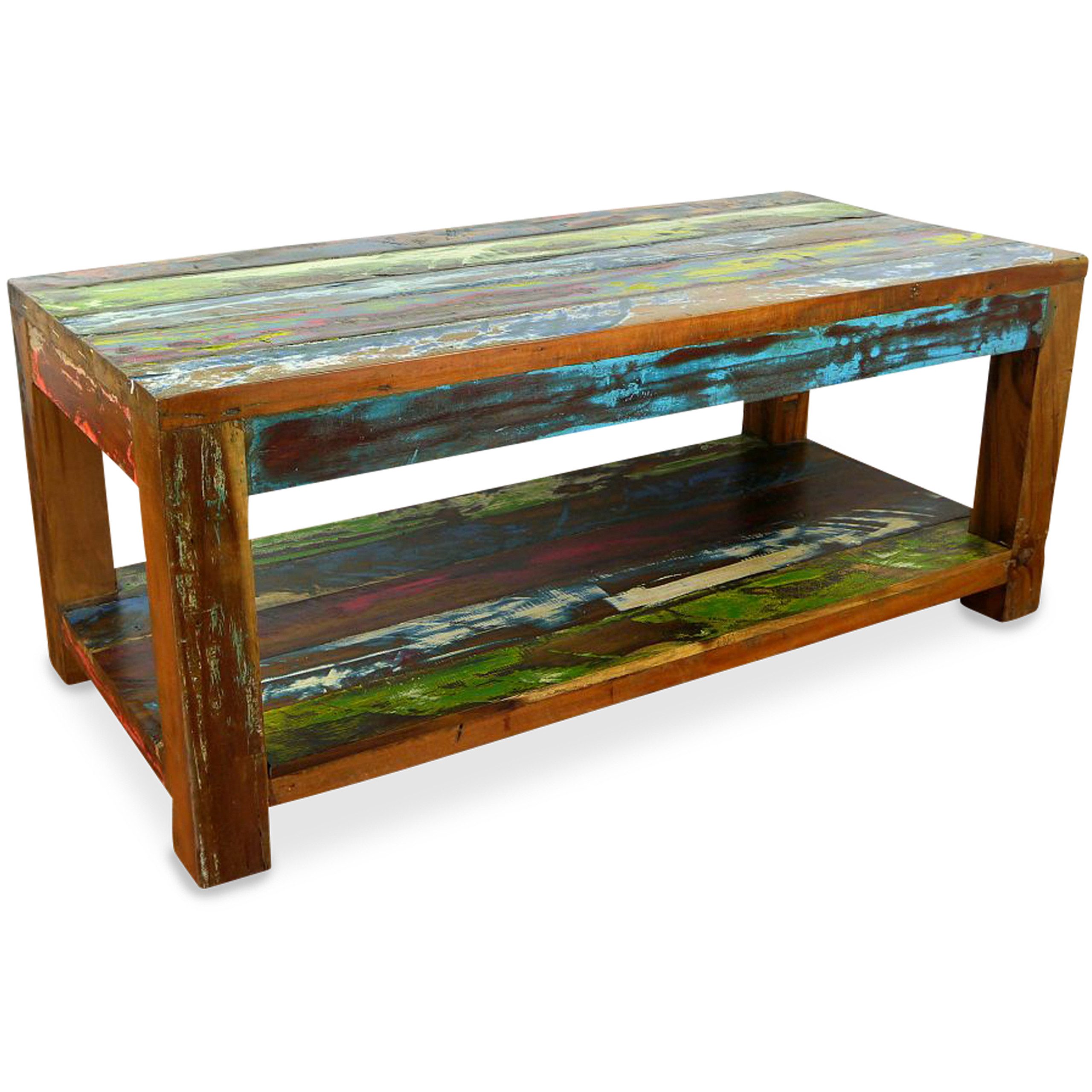 livasia Couchtisch Sofatisch mit Ablage, Teakholz, recyceltes Bootsholz, 100x50x45cm