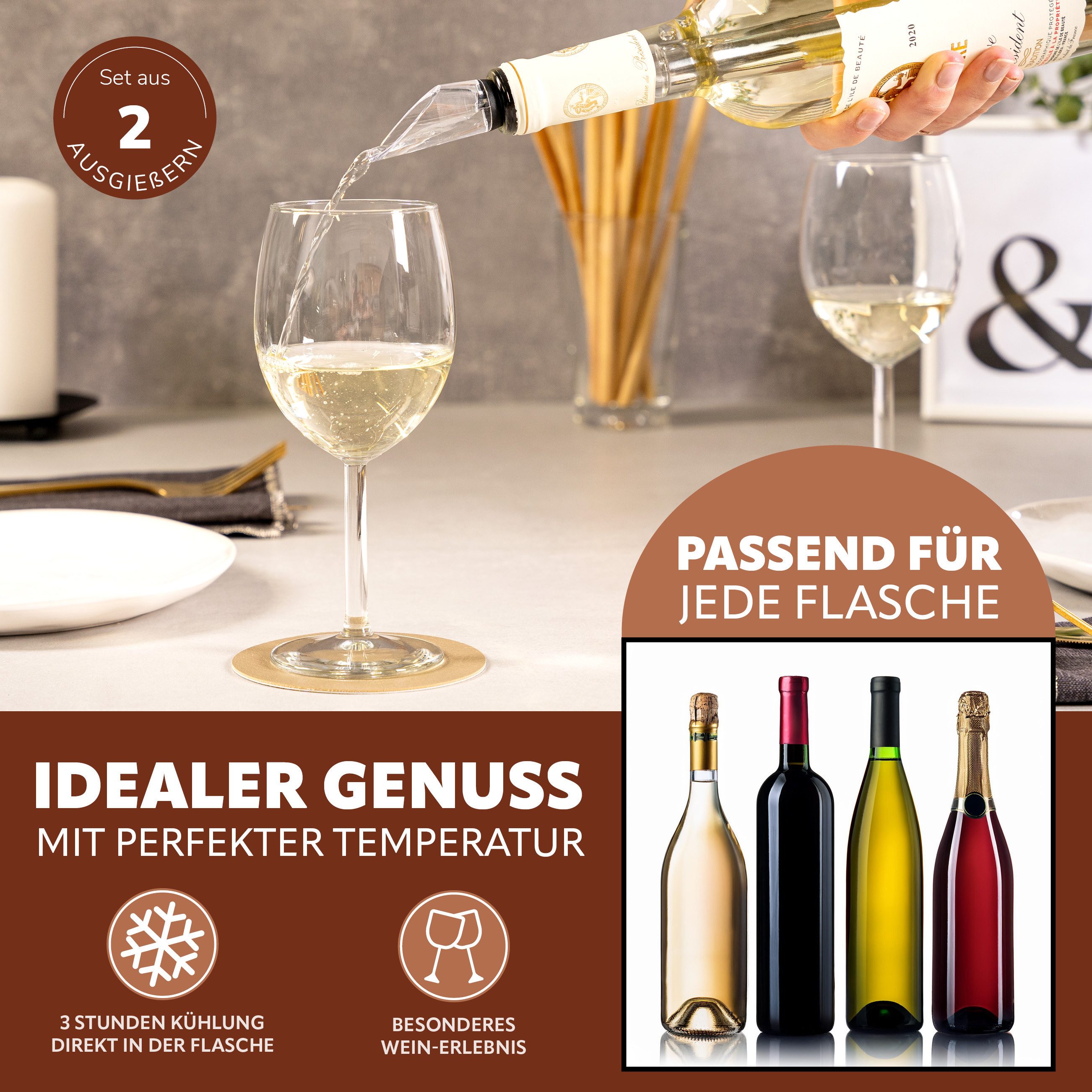 bremermann Weinkühler Wein-Ausgießer 2er-Set mit Edelstahl-Kühlstab und Weinverschluss, mit Edelstahl-Kühlstab – Bild 2 von 5