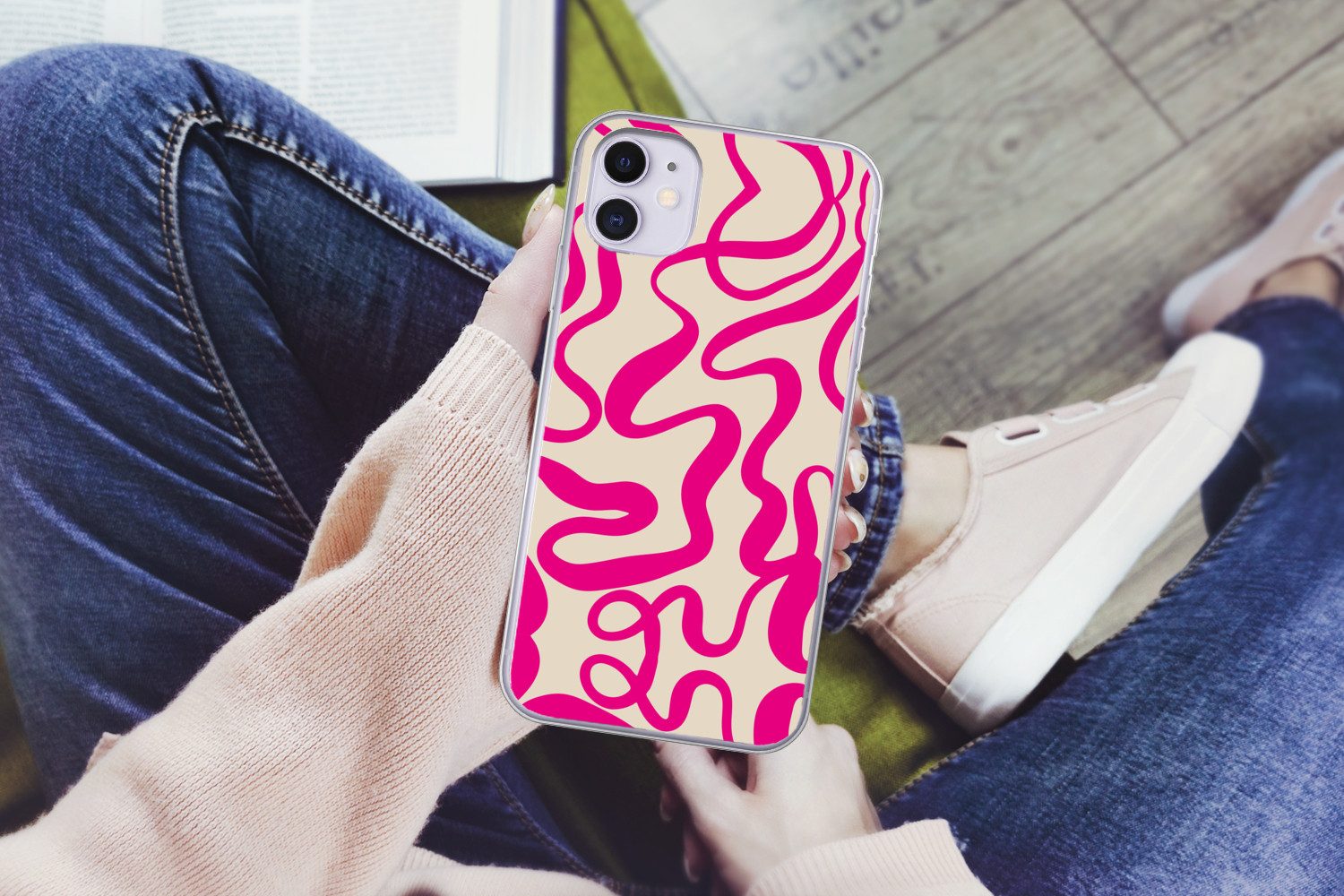 MuchoWow Handyhülle für Apple iPhone 11 Linien - Rosa - Beige - Abstrakt - Minimalistisch, Smartphone-Bumper, Print, Handy Schutzhülle Dünn