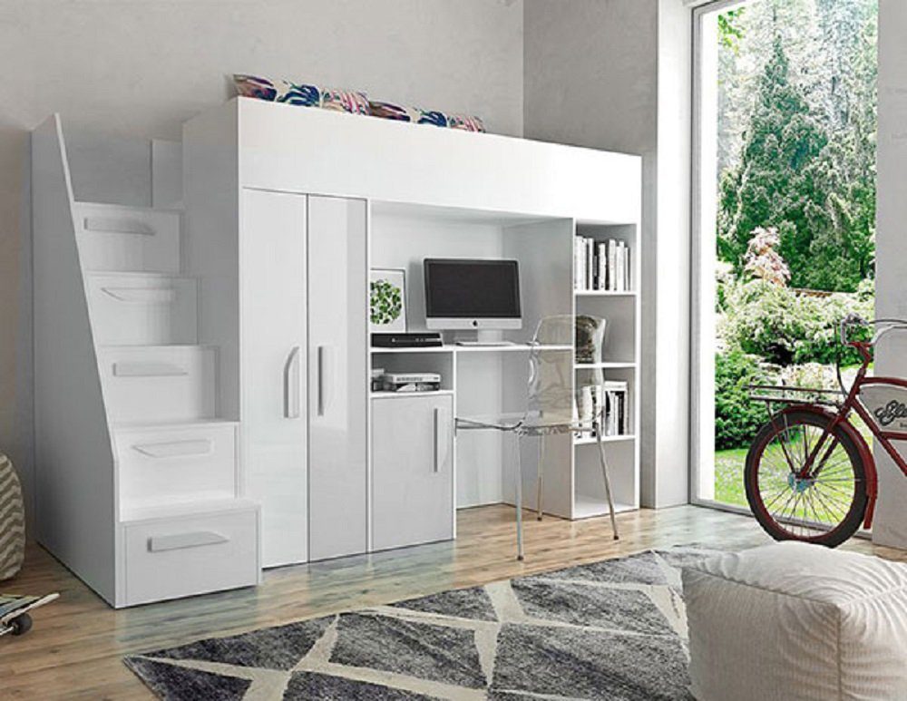 Feldmann-Wohnen Hochbett PARTY (Etagenbett mit Schreibtisch + Kleiderschrank) Farbe wählbar weiß / weiß Hochglanz - Griffe weiß