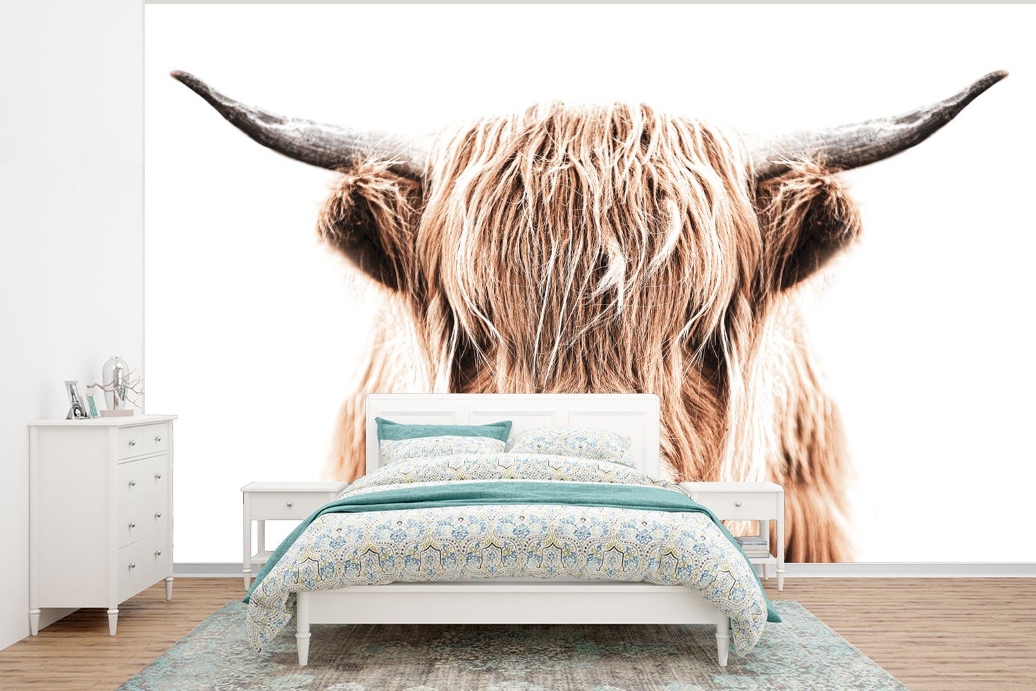 MuchoWow Fototapete Schottischer Highlander - Tiere - Stier, Matt, bedruckt, (6 St), Wallpaper für Wohnzimmer, Schlafzimmer, Kinderzimmer, Vinyl Tapete | Fototapeten