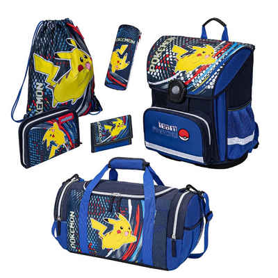 Familando Schulranzen Pokemon für Kinder von der 1. bis 4. Klasse (Set, 6-tlg), mit extra großer Sporttasche