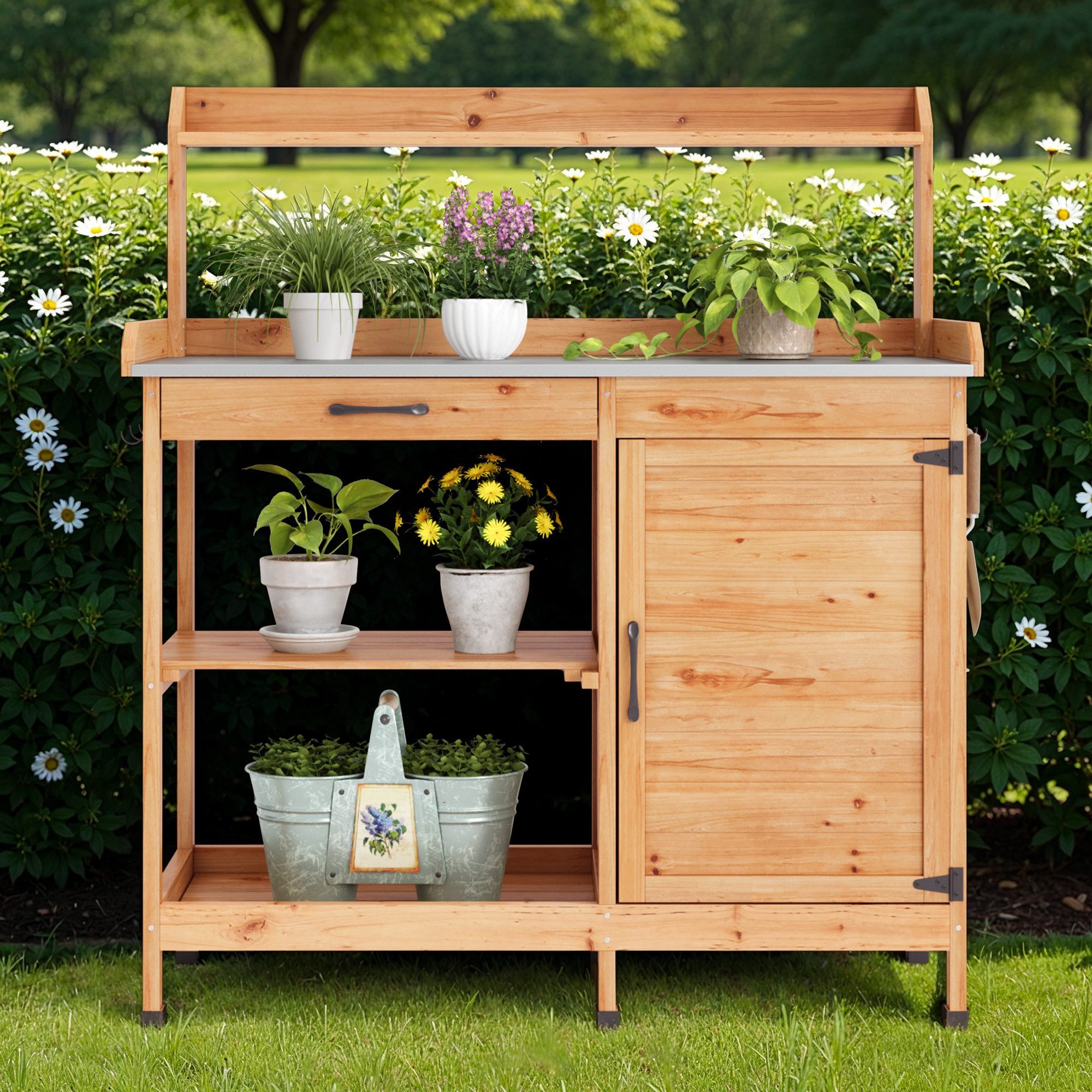 Bealife Pflanztisch,Gärtnertisch,Pflanzenarbeitsplatz,Pflanzenregal, mit Schubladen, Ablagefläche und Haken,108 x 43 x 125 cm