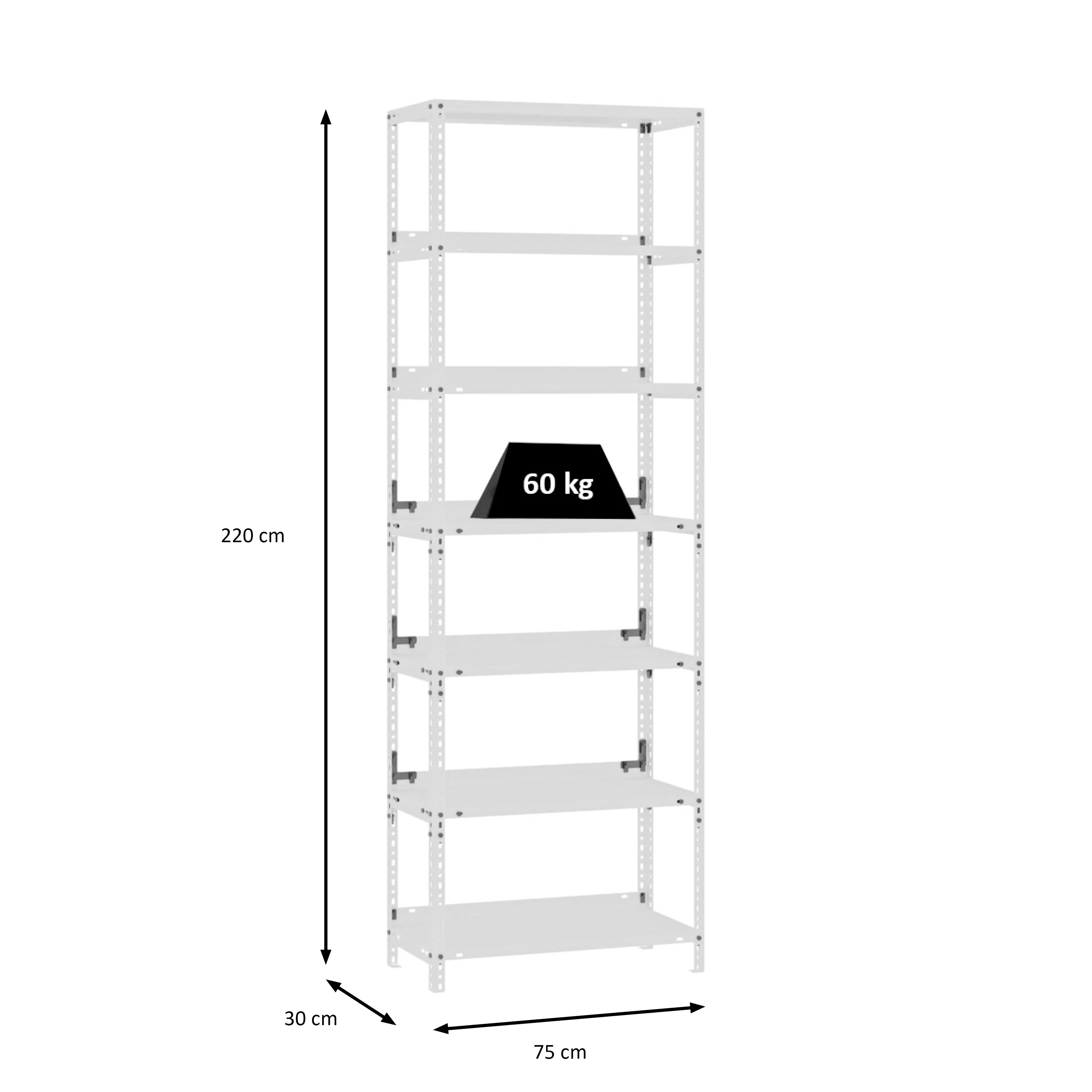PROREGAL® Schwerlastregal Wohnregal Metallregal MAGNUS 220x75x30cm mit 7 Stahlplatten-Ebenen, Desgin Made in Germany Pulverbeschichtet 60kg/Ebene 420kg Gesamtla – Bild 3 von 5