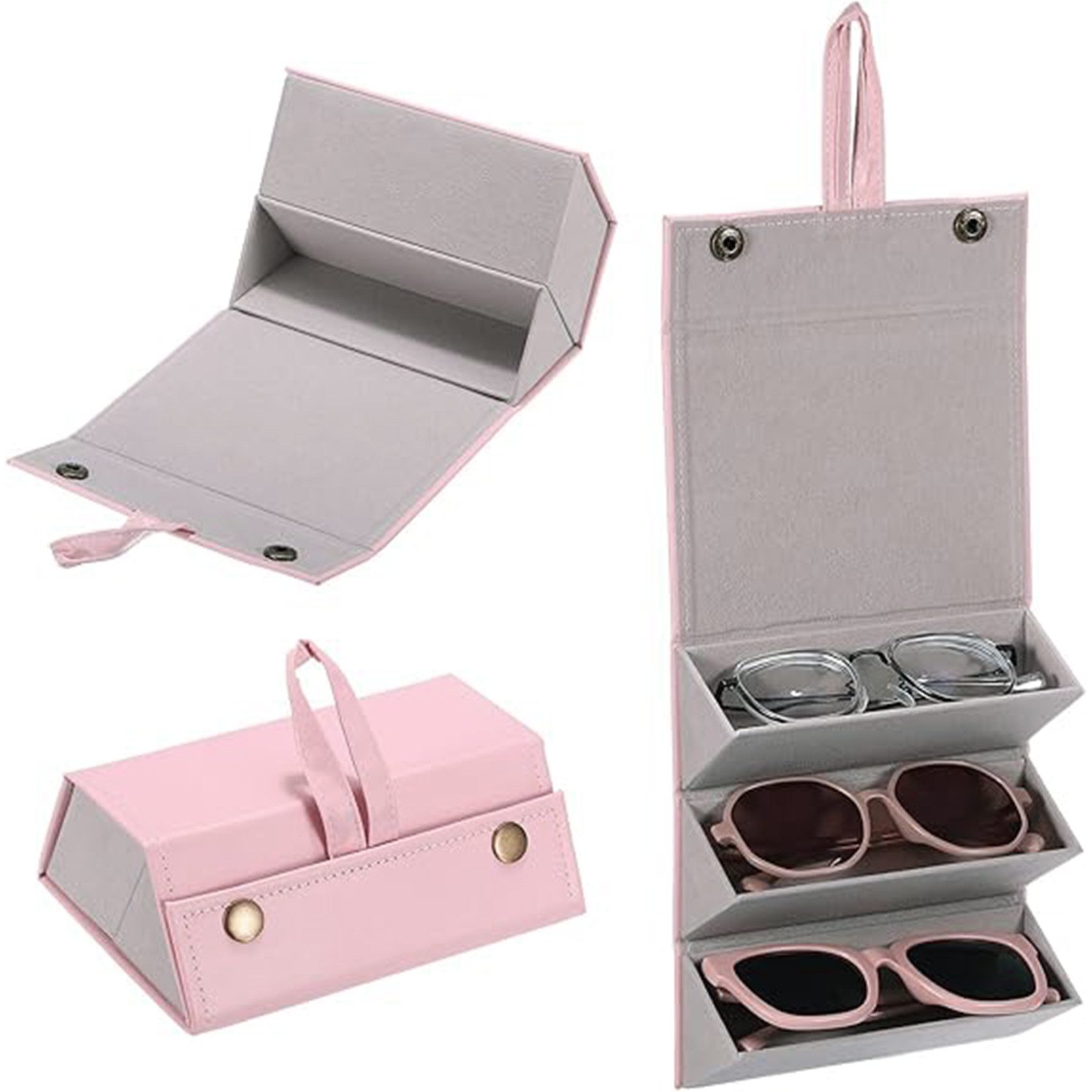 Mutig Brillenetui Aufbewahrungsbox Sonnenbrillen Brillenetui hardcase für 3 Brillen, Brillenaufbewahrung PU-Leder Brillen-Aufbewahrungsbox für Damen Herren