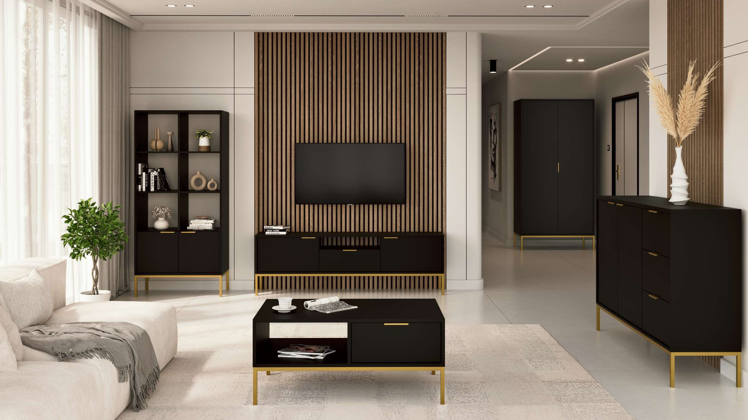 99rooms Wohnwand Avgustin, (Set (5-St), Wohnmöbel, Wohnzimmer-Set), Modern Design, mit viel Stauraum, Soft-Close Funktion
