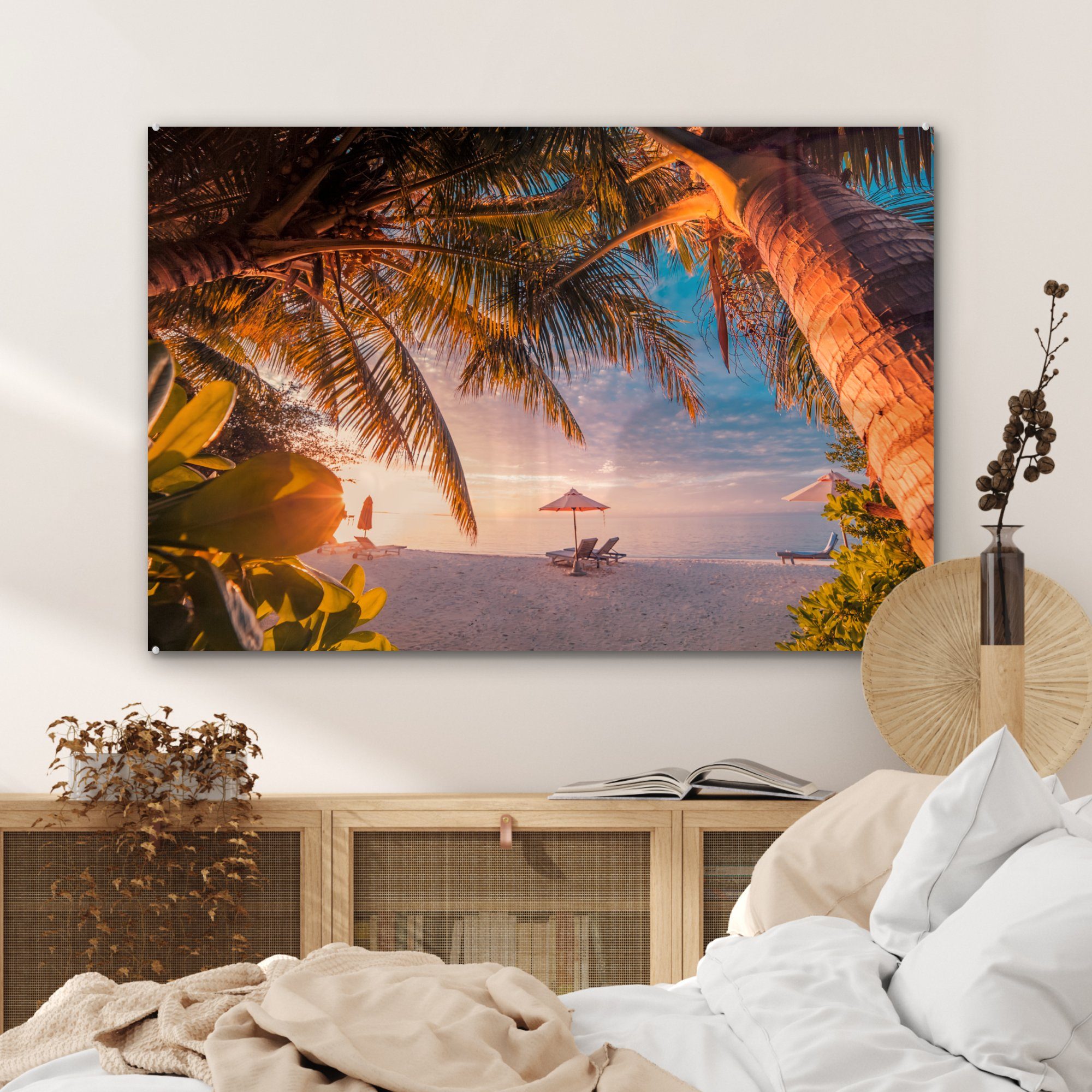 Strand, Stühle Wohnzimmer - St), Sonnenschirm MuchoWow Acrylglasbild Schlafzimmer - (1 & Acrylglasbilder