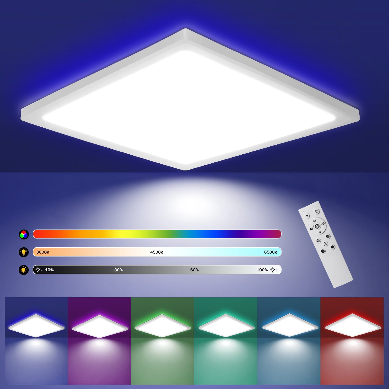 ZMH LED Deckenleuchte IP44 RGB Deckenlampe 28W Dünn Flach mit Fernbedienung, LED fest integriert, warmweiß_kaltweiß, Quadratisch, 3000K-6500K, weiß | Deckenlampen