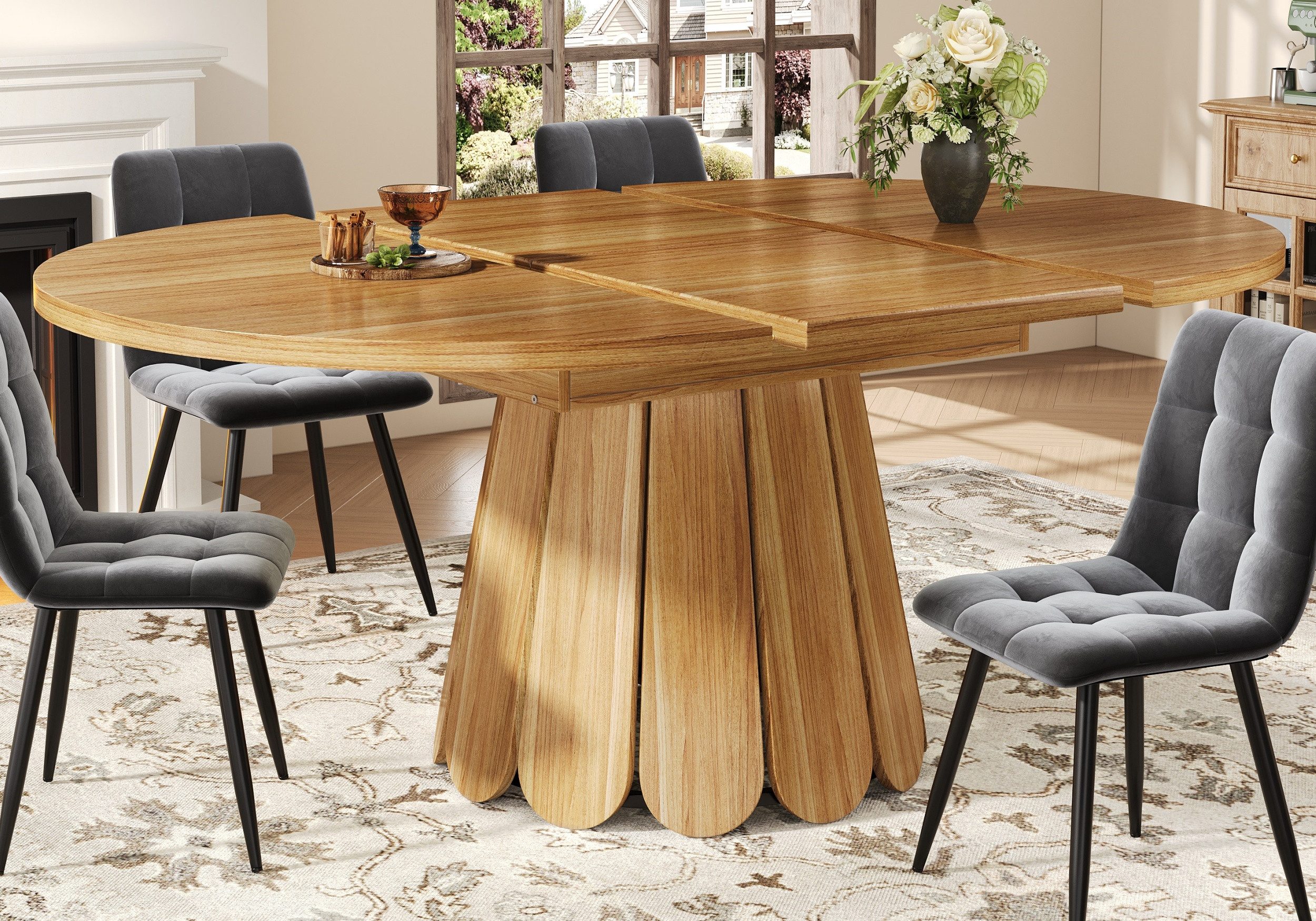 autolock Esstisch Ausziehbarer runder Esszimmertisch MDF-Tischplatte für 6 Personen (118–158×118×76 cm), Küchentisch stabiler Mittelfuß mit Blütenform für Küche und Wohnzimmer