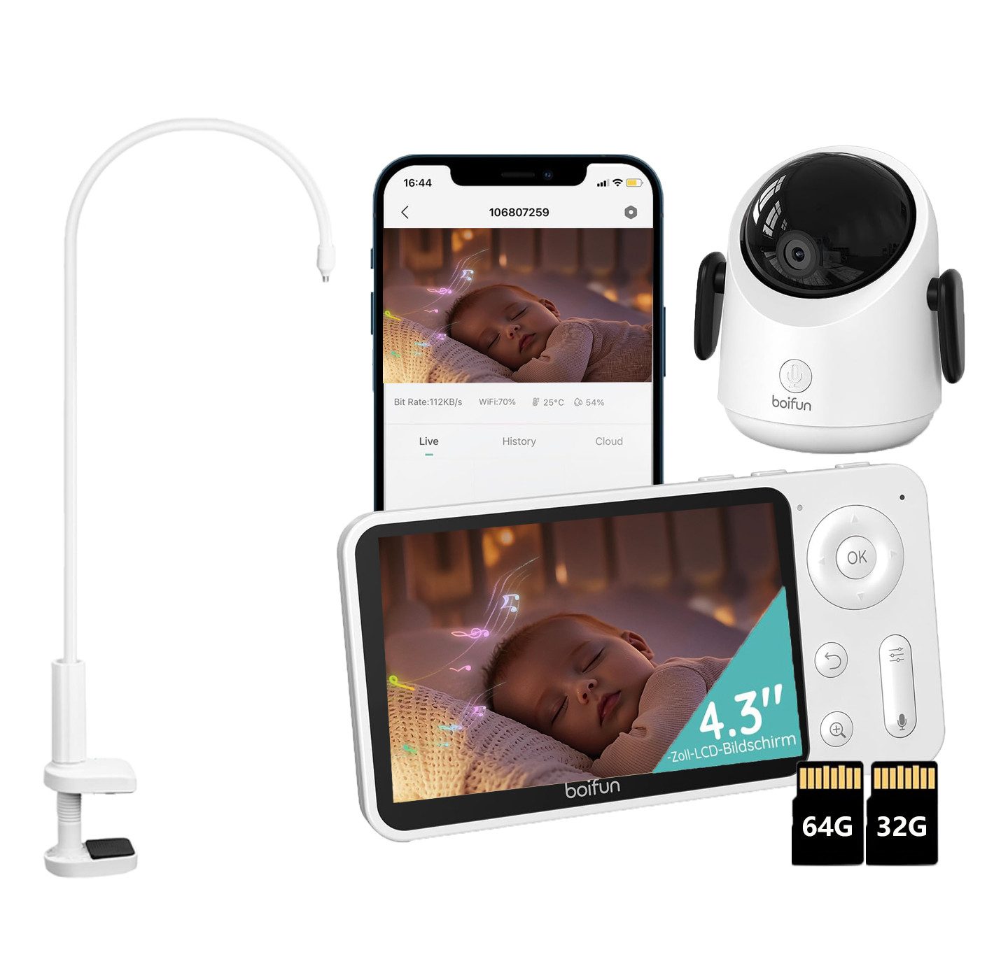 Video-Babyphone WLAN Babyphone mit Kamera 4,3” 2MP Kamera App-Steuerung mit Halterung