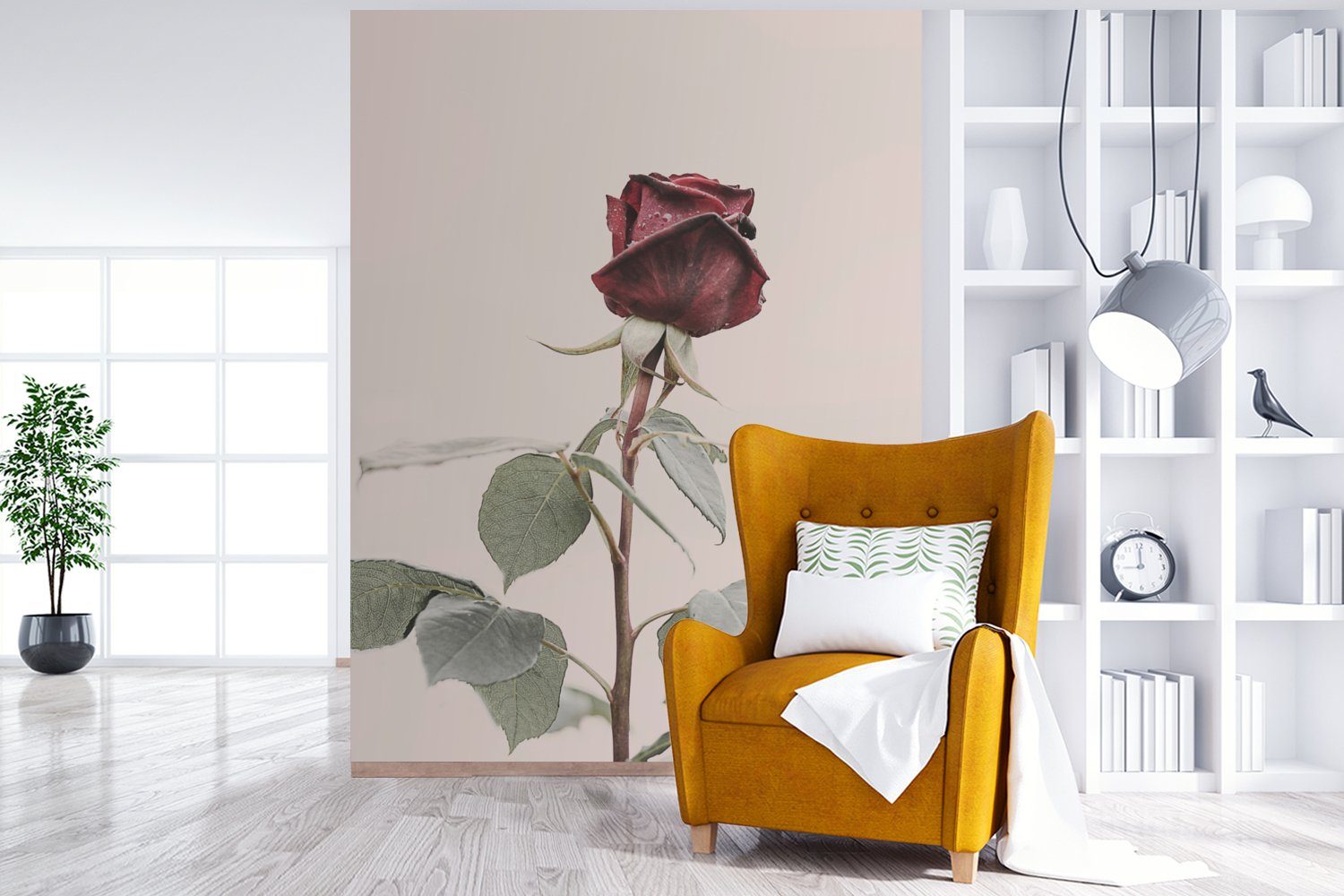 MuchoWow Fototapete Blumen - Rot Montagefertig Wandtapete (4 Wohnzimmer, bedruckt, - - Grün, St), Matt, Rosen Vinyl Tapete für