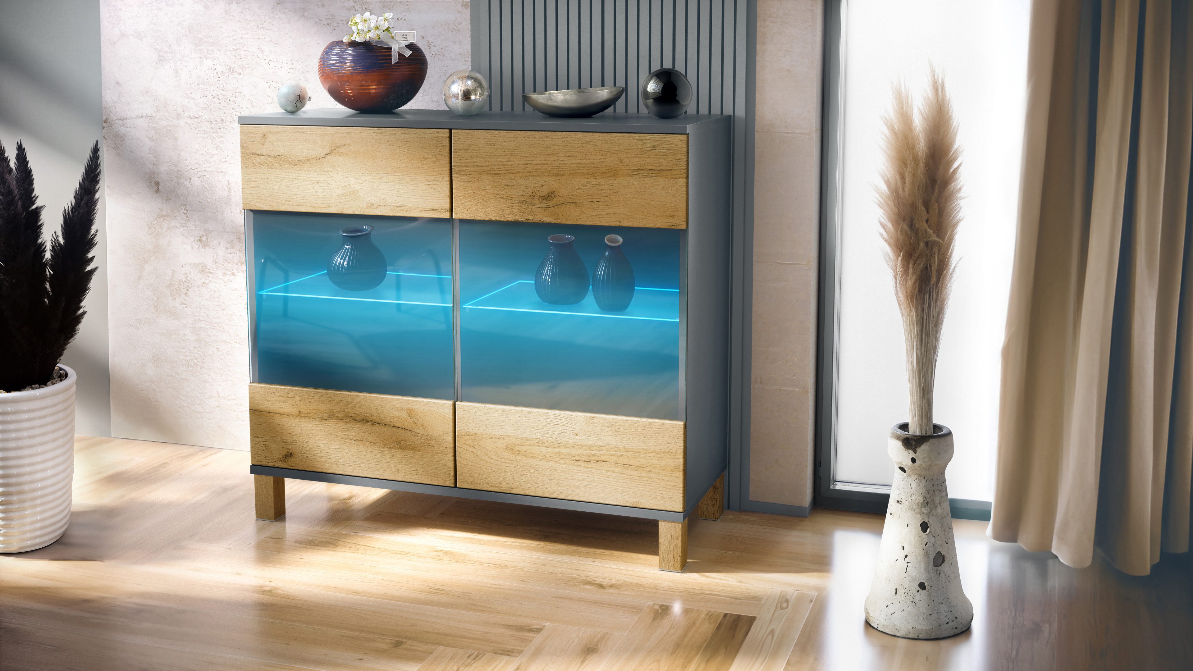 Vladon Kommode Bari V3 Wood (Moderner Küchenschrank, mit 2 großen Glastüren), Anthrazit matt / Eiche Natur (92,5 x 84,5 x 35)