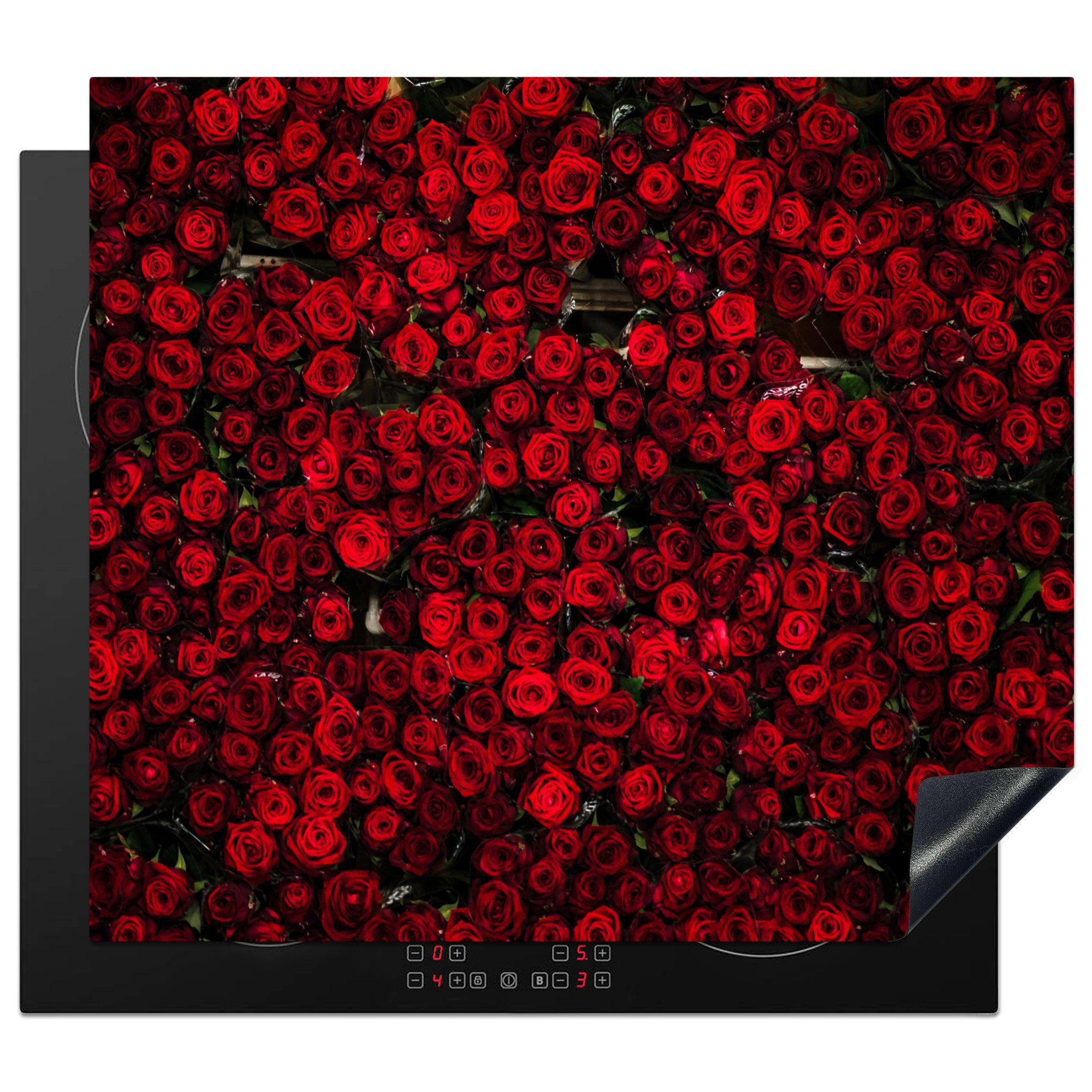 MuchoWow Herdblende-/Abdeckplatte Blumen - Rosen - Rot, Vinyl, (1 tlg), 59x52 cm, Ceranfeldabdeckung für die küche, Induktionsmatte