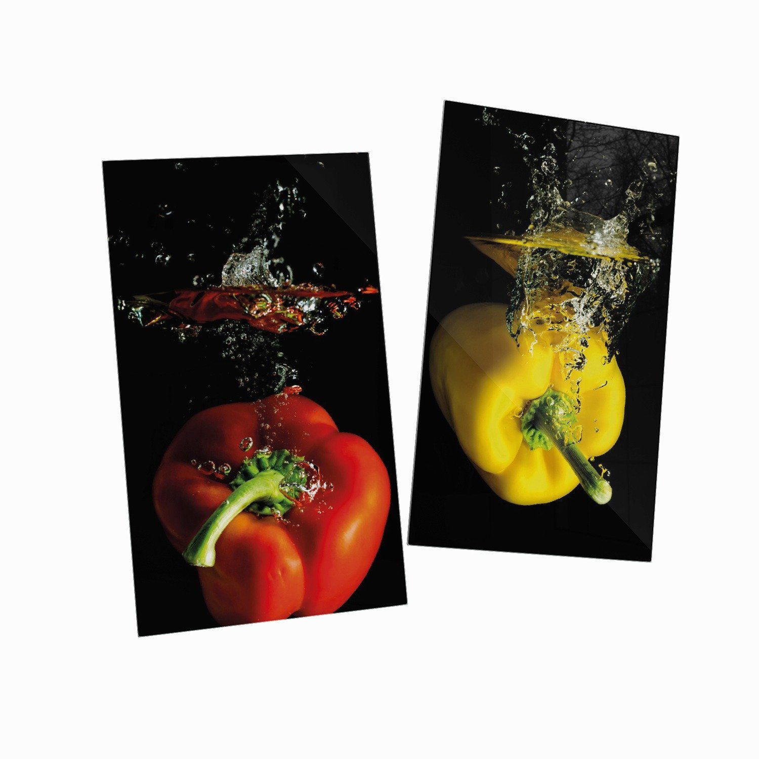 Bunte im 2 gelb und (Glasplatte, Paprika in Küche Größen orange inkl. Noppen), tlg., Wallario rot ESG-Sicherheitsglas, verschiedene Wasser, 5mm grün Herd-Abdeckplatte