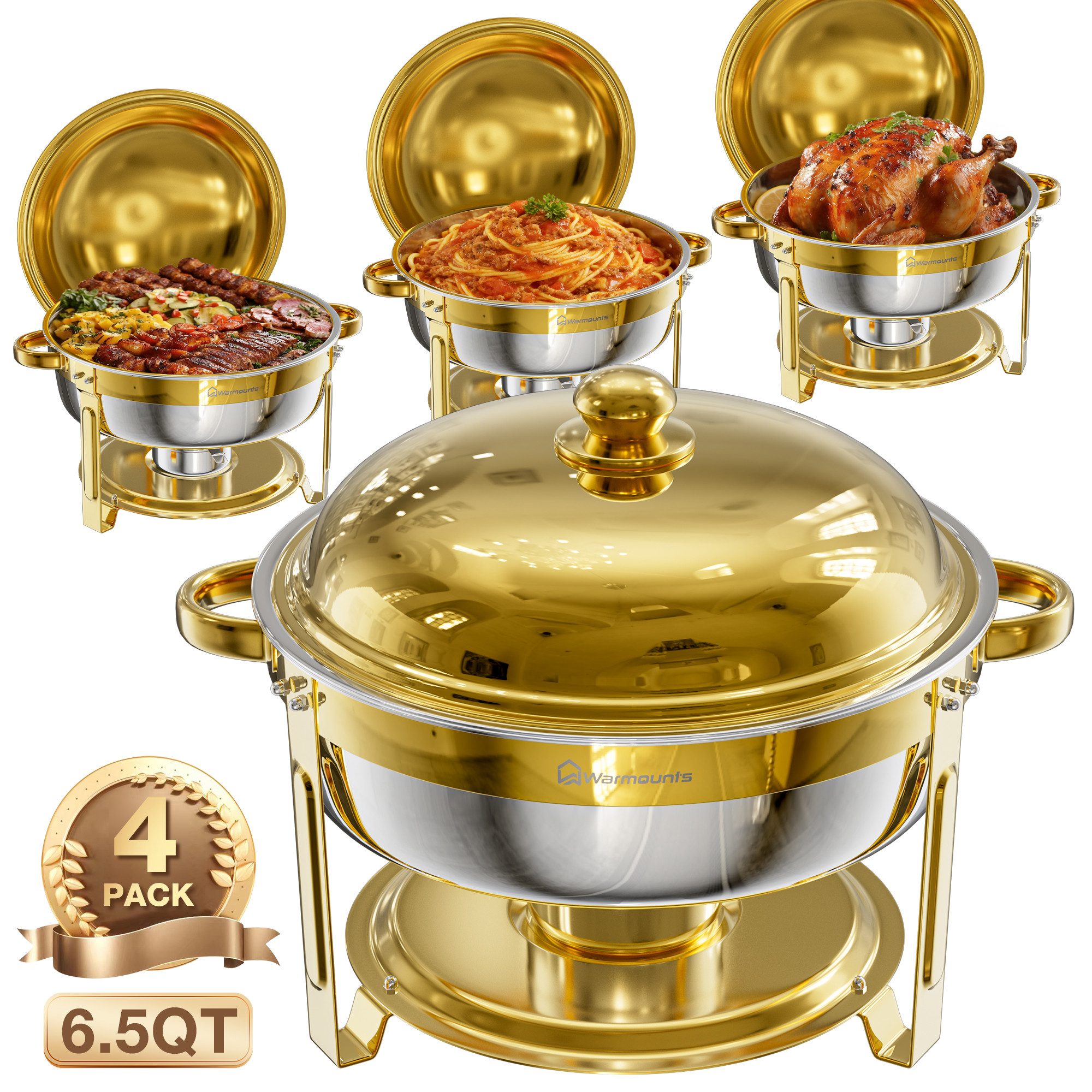 Warmounts Speisenwärmer 6,2L Buffetwärmer Edelstahl Rund Gold, (4-tlg., 6,5QT Buffet Warmhalter Set), mit Deckelhalter für Catering, Hochzeit, Party, Spülmaschinengeeignet