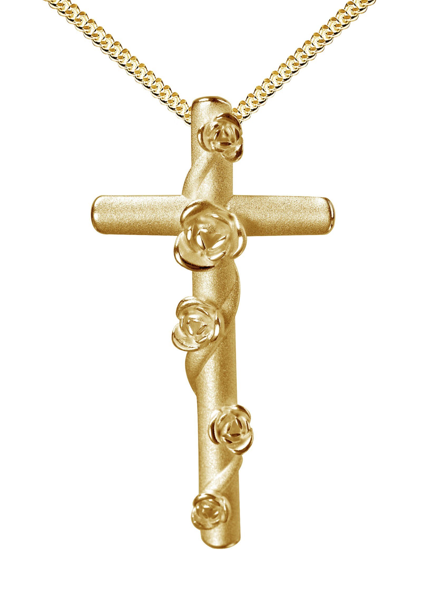 JEVELION Kreuzkette Kreuz Anhänger Silber vergoldet - Made in Germany  (Kette mit Anhänger, für Damen), Mit Panzerkette - Länge wählbar 36 - 70 cm.
