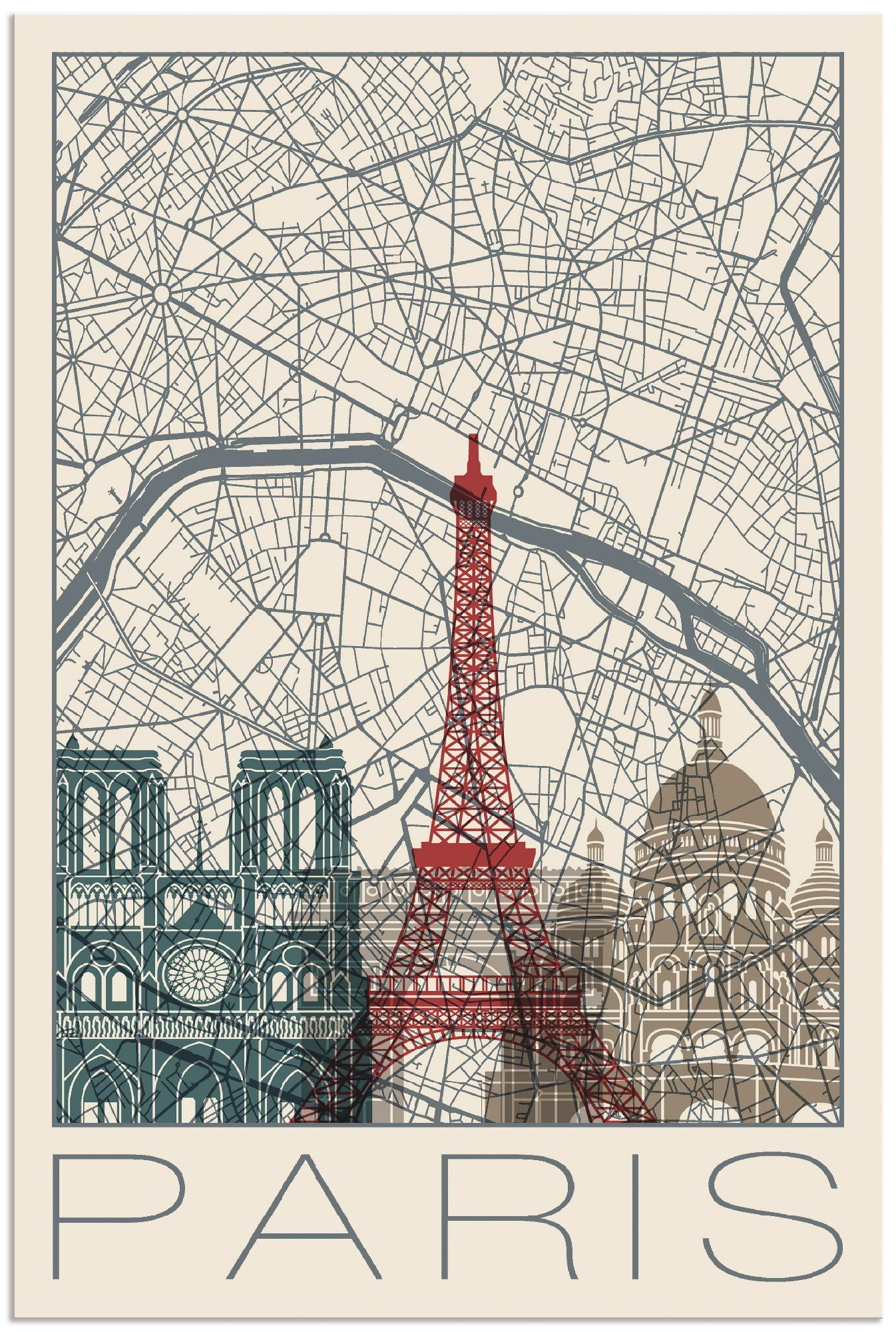 Artland Wandbild Retro Karte Paris Frankreich und Skyline, Frankreich (1 St), als Alubild, Leinwandbild, Wandaufkleber oder Poster in versch. Größen