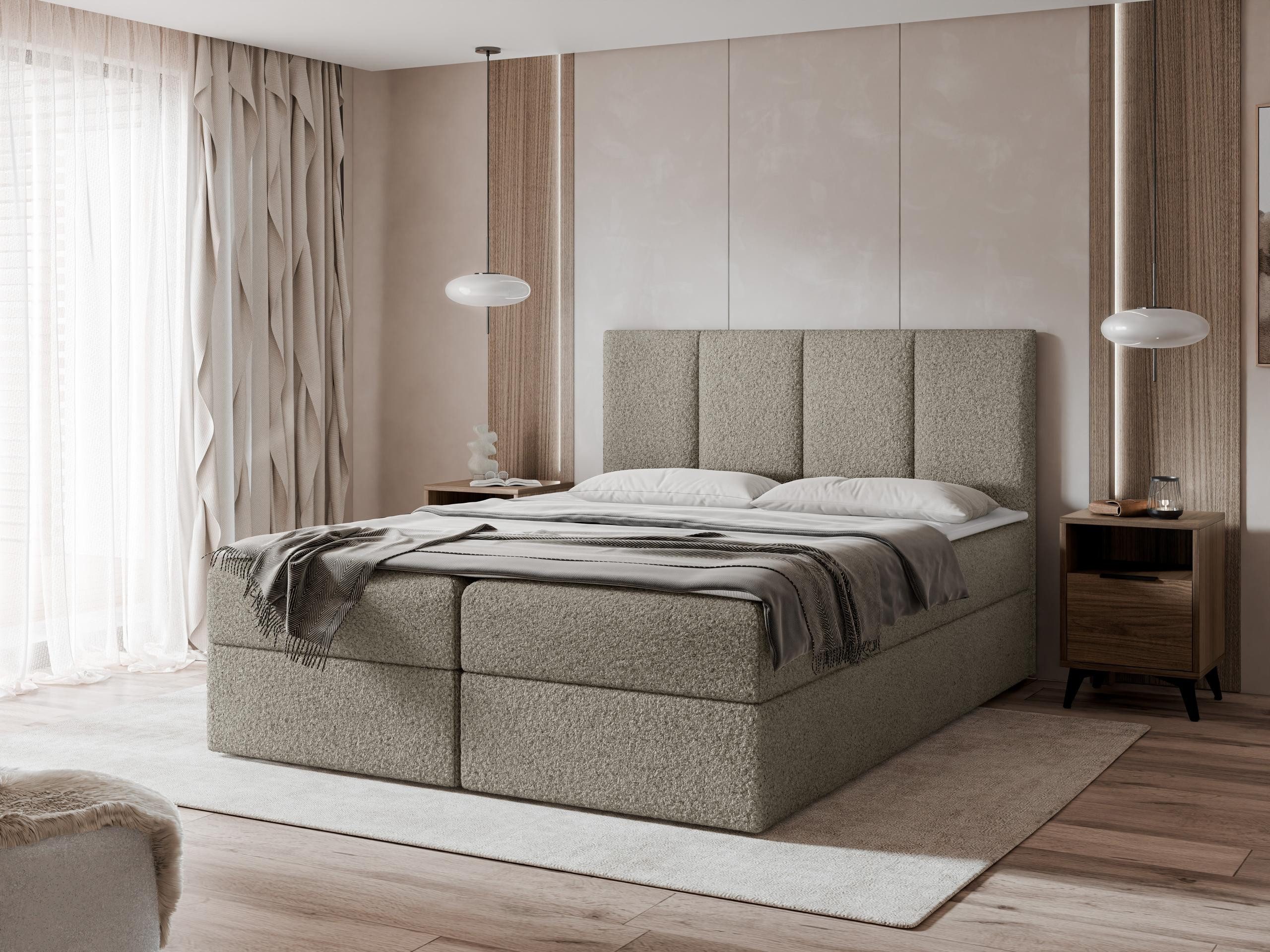 MIRJAN24 Boxspringbett Rebos Boucle (mit zwei Bettkästen), Topper, Härtegrad: H3, 140/160/180x200 cm