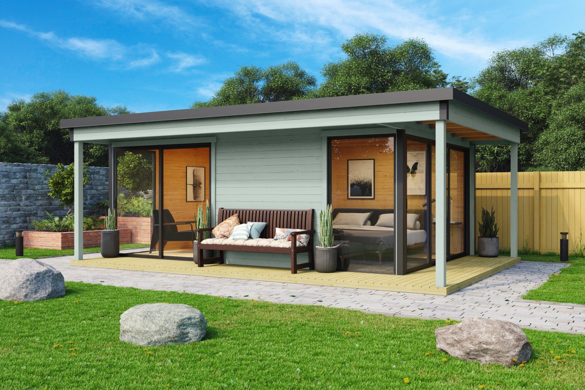 LASITA MAJA Gartenhaus Flachdach 6x4m Holz Domeo 3 Loggia, BxT: 589x402 cm, mit Premium Dachbahn selbstklebend